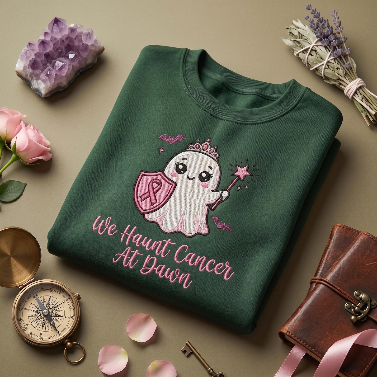 We Haunt Cancer At Dawn Sweatshirt, Embroidered Breast Cancer Ghost Sweater, Pink Ribbon Halloween Awareness Shirt 1