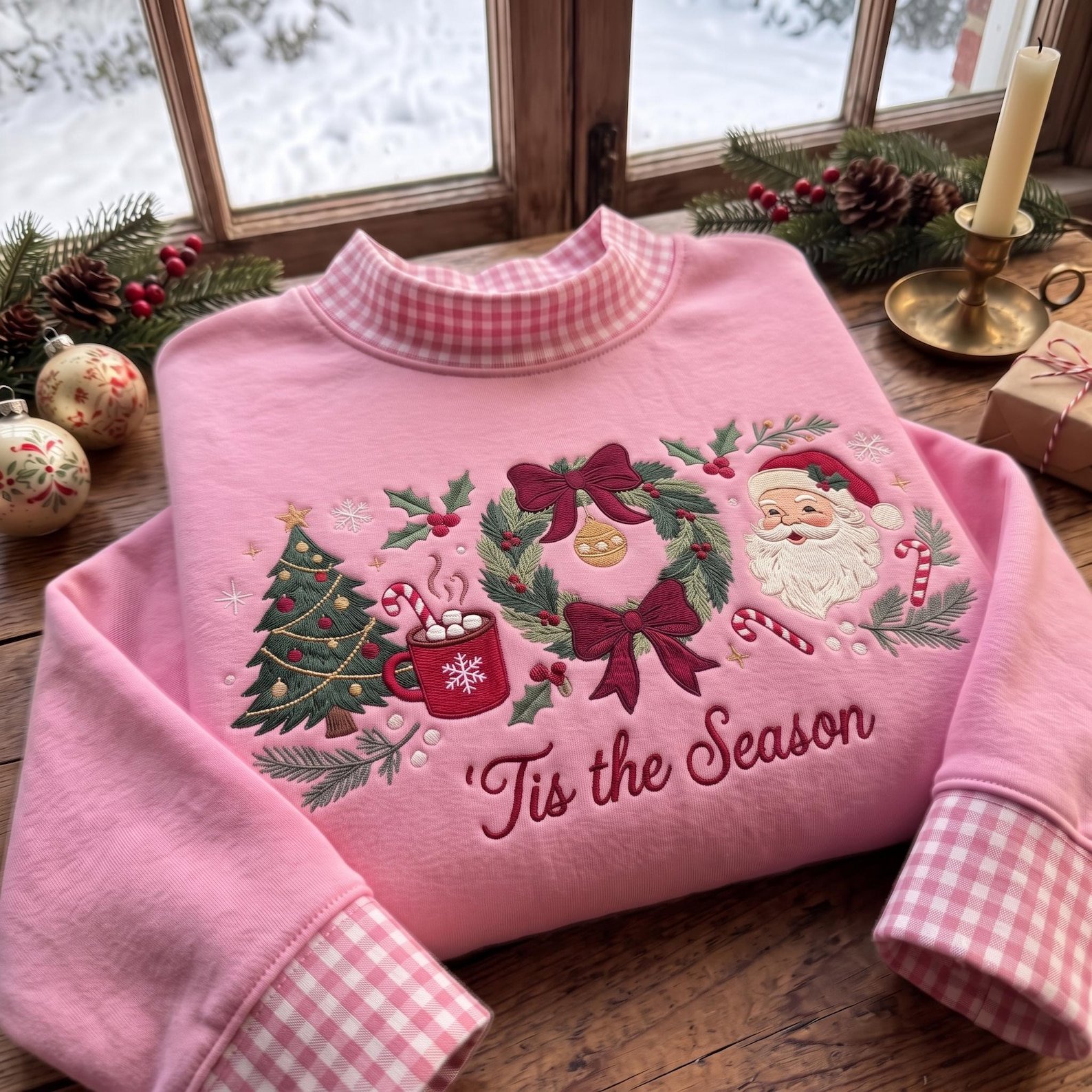 Tis the Season Mock Neck Sweatshirt, Christmas Embroidered Santa Wreath Tree Crewneck, Cozy Holiday Sweater, Festive Christmas Gift 3