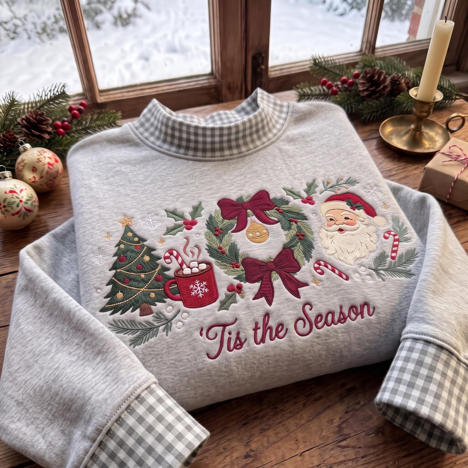 Tis the Season Mock Neck Sweatshirt, Christmas Embroidered Santa Wreath Tree Crewneck, Cozy Holiday Sweater, Festive Christmas Gift 1