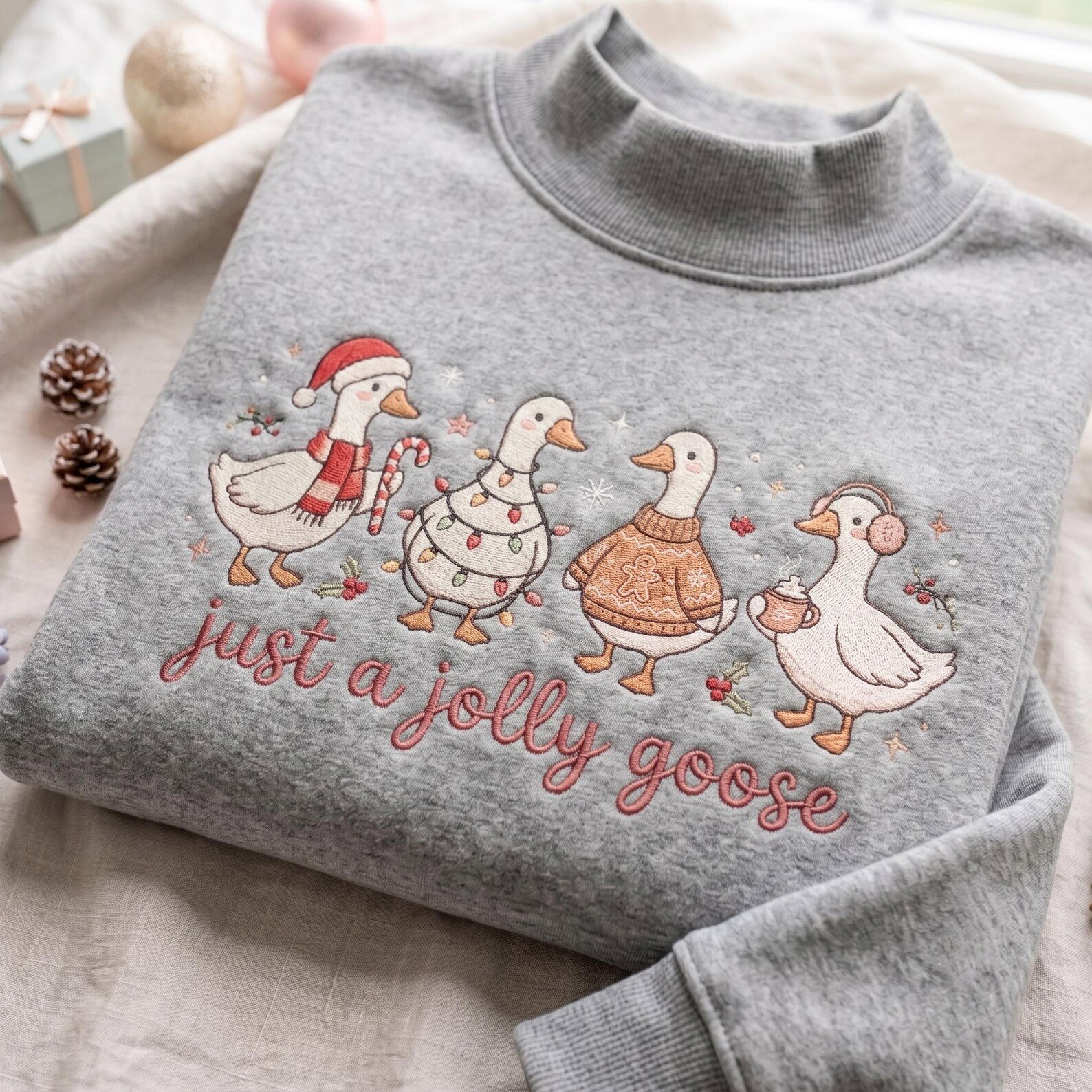 Just a Jolly Goose Embroidered Mock Neck Sweatshirt, Funny Christmas Geese Crewneck, Cute Holiday Goose Pullover, Cozy Xmas Gift Idea 2