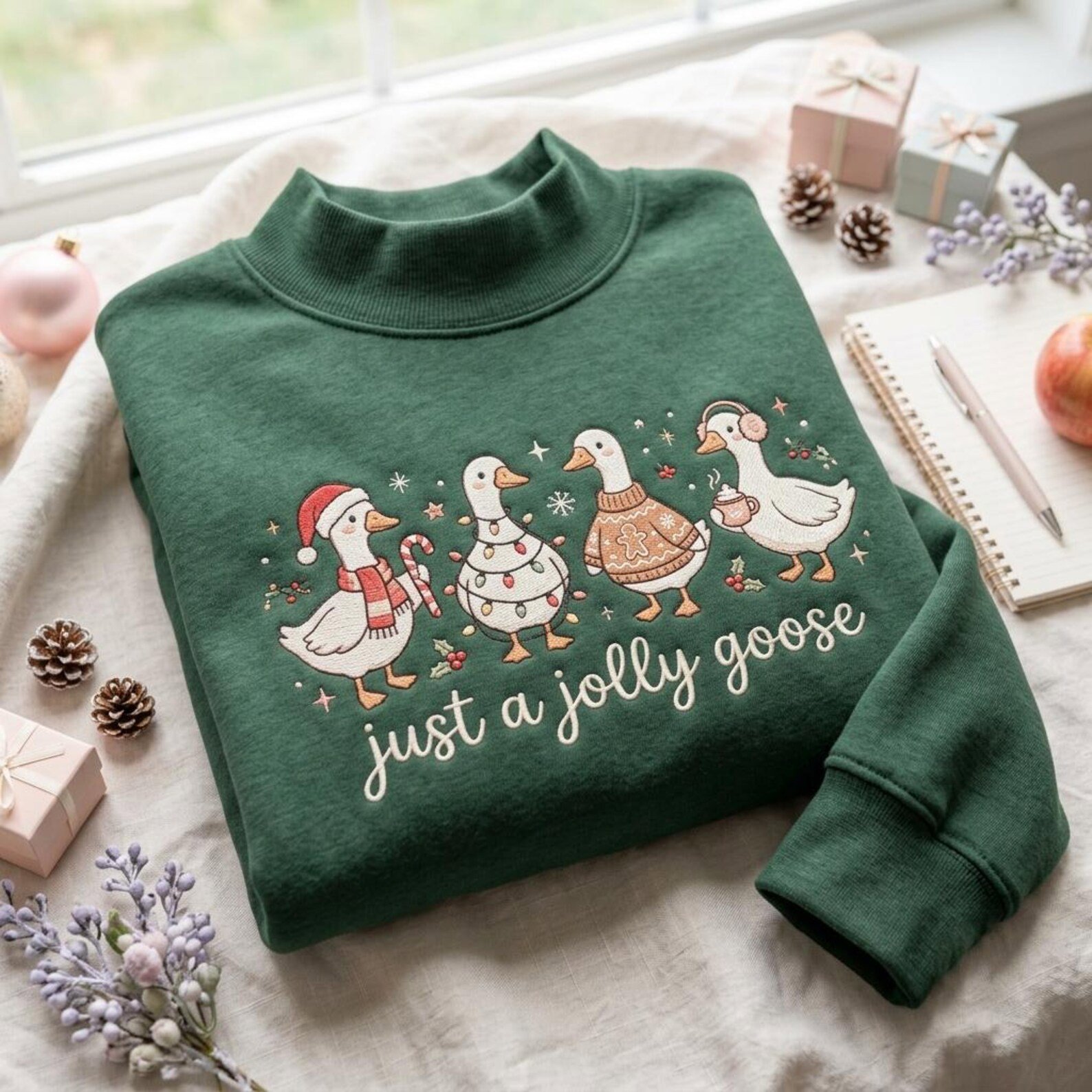 Just a Jolly Goose Embroidered Mock Neck Sweatshirt, Funny Christmas Geese Crewneck, Cute Holiday Goose Pullover, Cozy Xmas Gift Idea 1