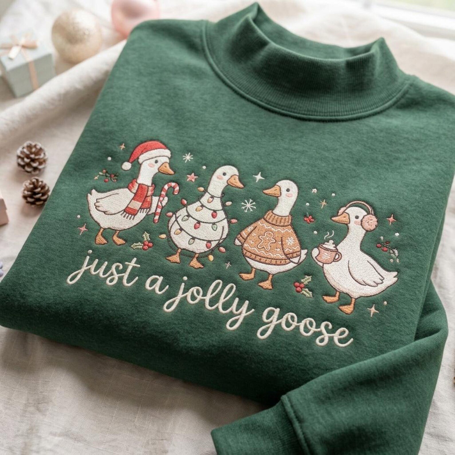 Just a Jolly Goose Embroidered Mock Neck Sweatshirt, Funny Christmas Geese Crewneck, Cute Holiday Goose Pullover, Cozy Xmas Gift Idea 4