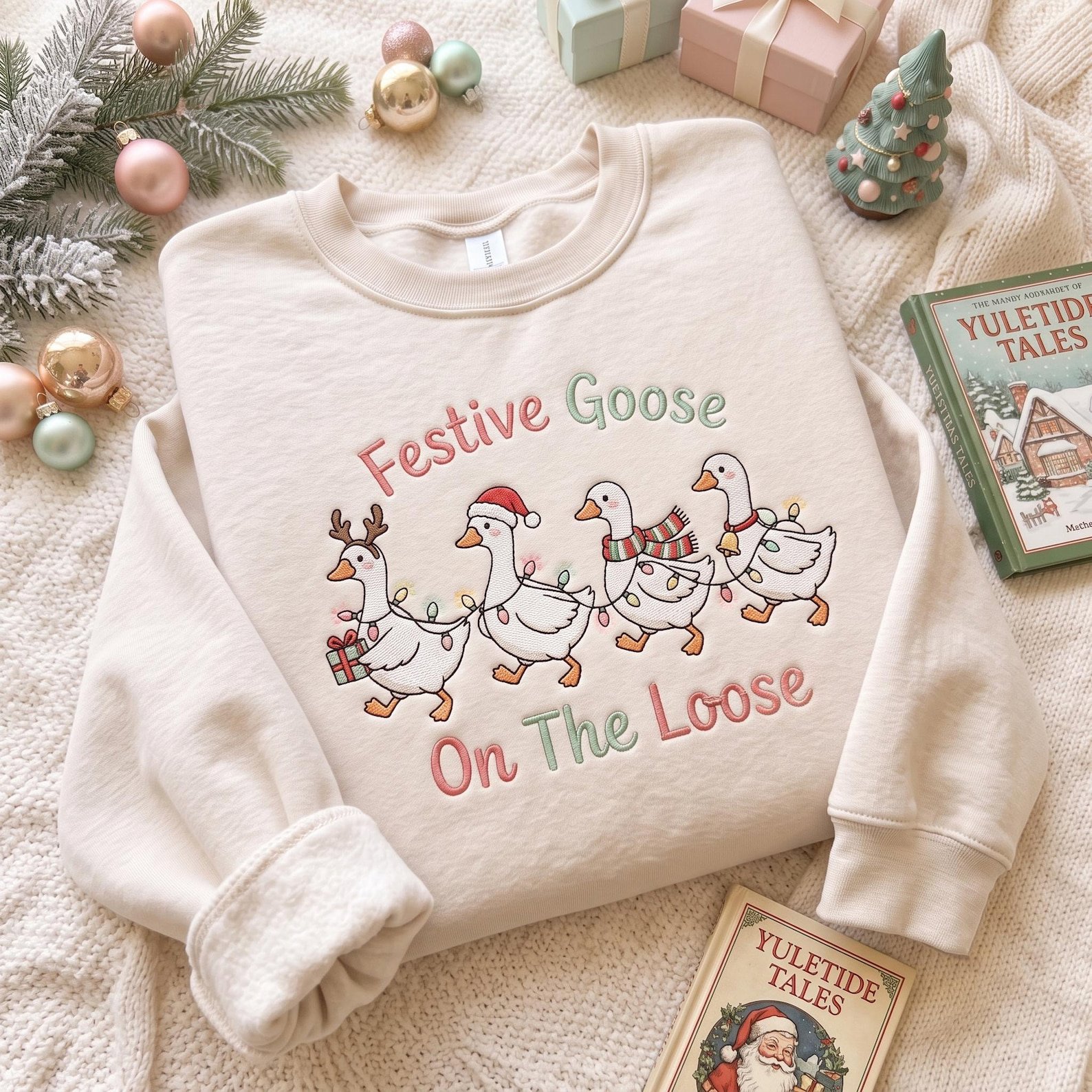 Festive Goose On The Loose Embroidered Sweatshirt, Funny Christmas Goose Crewneck, Holiday Duck Shirt, Cute Xmas Gift for Goose Lovers 2