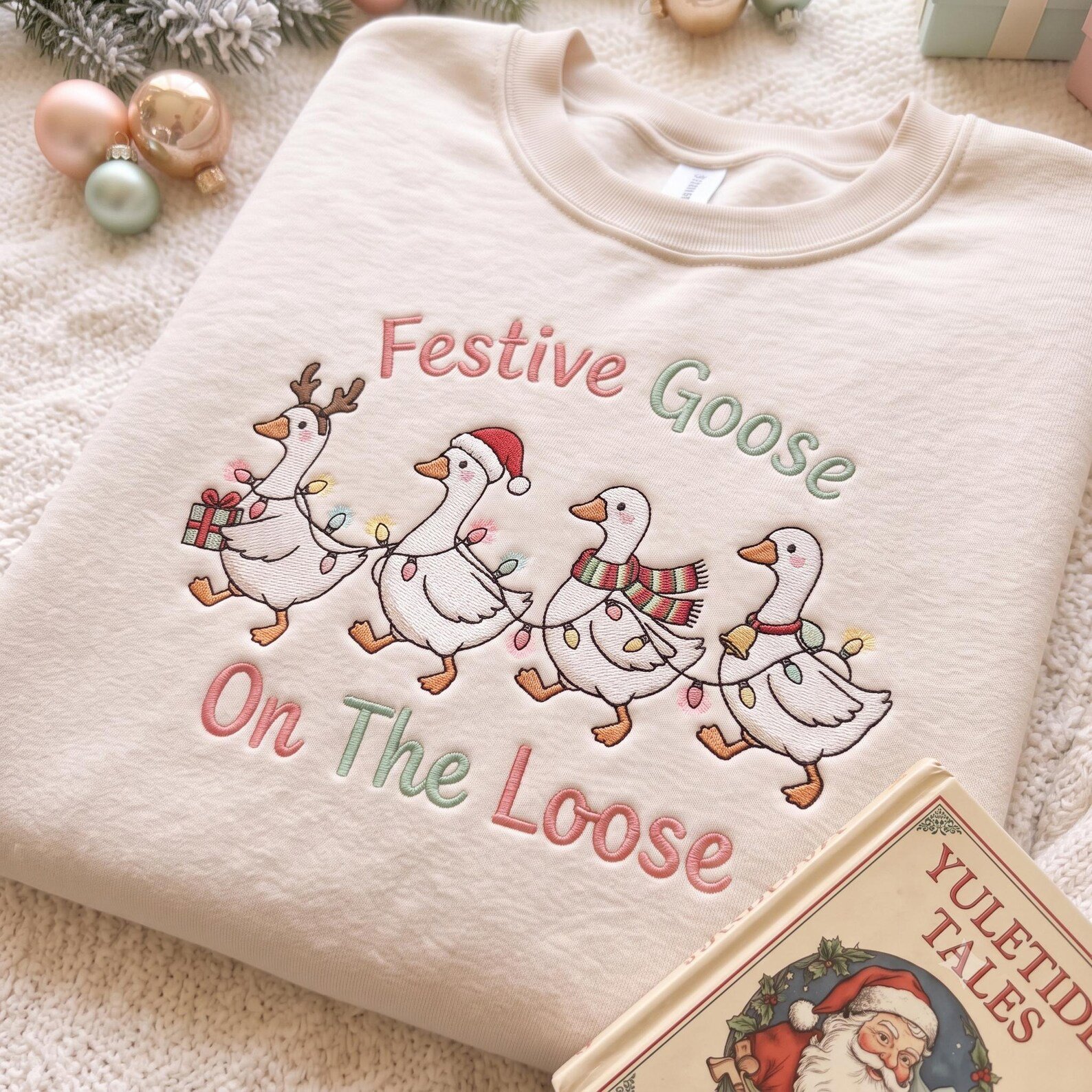 Festive Goose On The Loose Embroidered Sweatshirt, Funny Christmas Goose Crewneck, Holiday Duck Shirt, Cute Xmas Gift for Goose Lovers 3