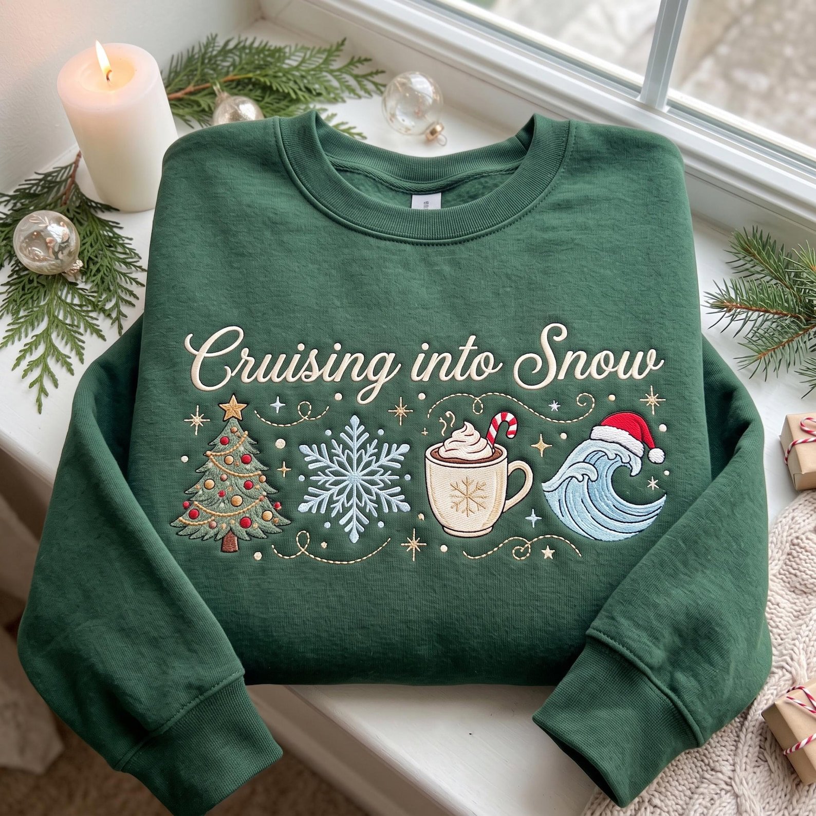Christmas Cruise Sweatshirt, Embroidered Cruising Into Snow Sweater, Ocean Wave Holiday Shirt, Winter Cruise Vacation Gift 3