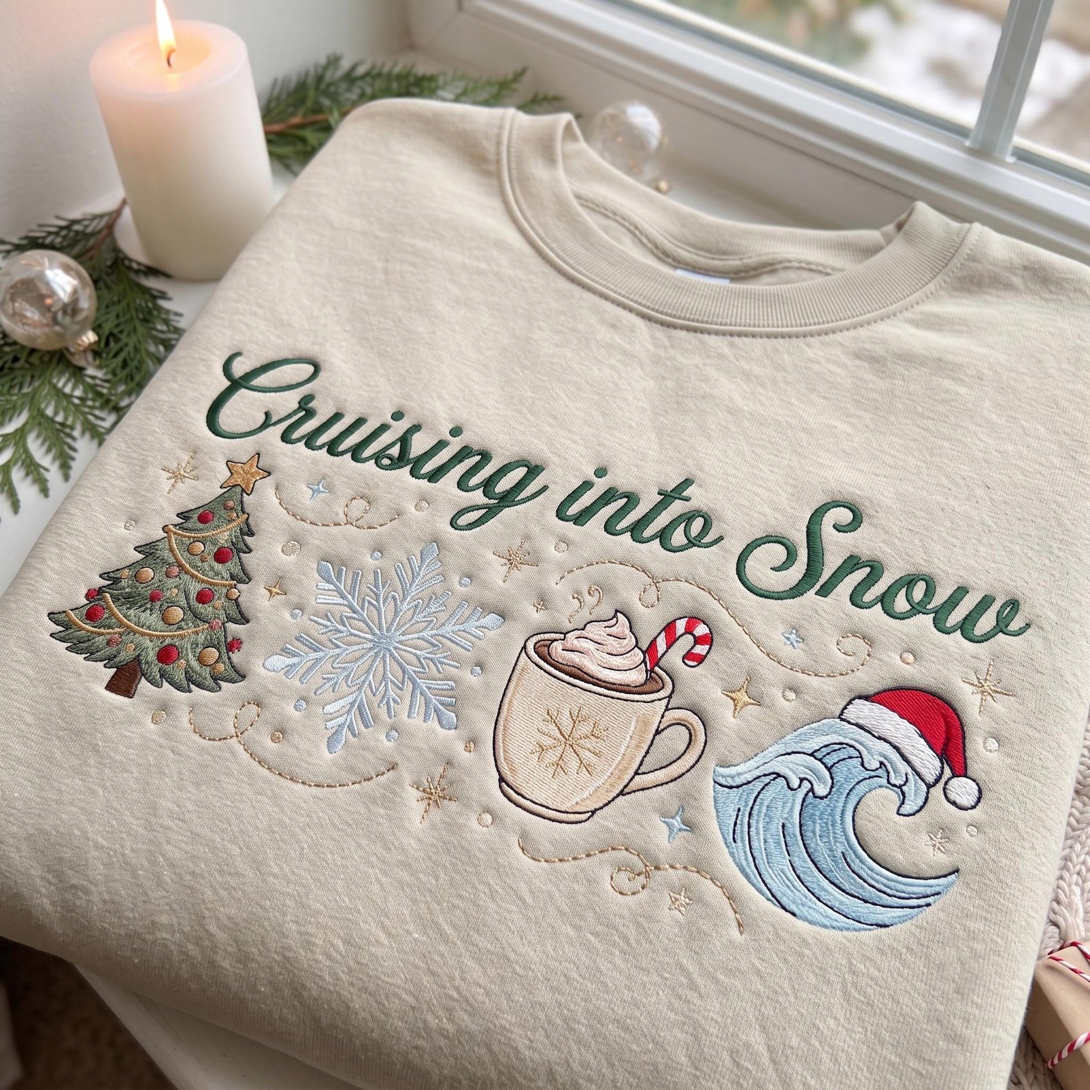 Christmas Cruise Sweatshirt, Embroidered Cruising Into Snow Sweater, Ocean Wave Holiday Shirt, Winter Cruise Vacation Gift 4