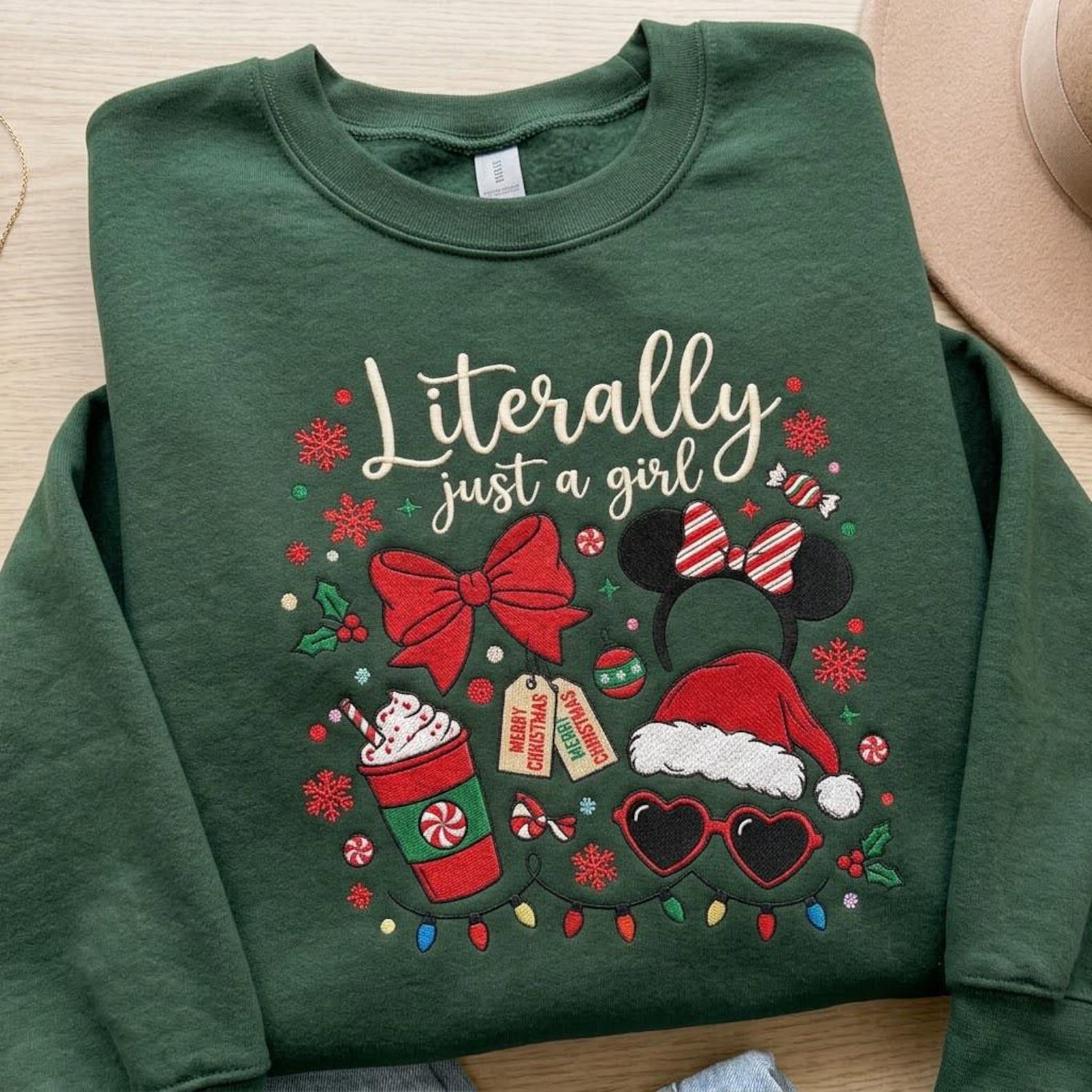 Literally Just a Girl Christmas Embroidered Sweatshirt, Cute Mouse Bow Holiday Crewneck, Girly Christmas Pullover, Festive Xmas Gift 1