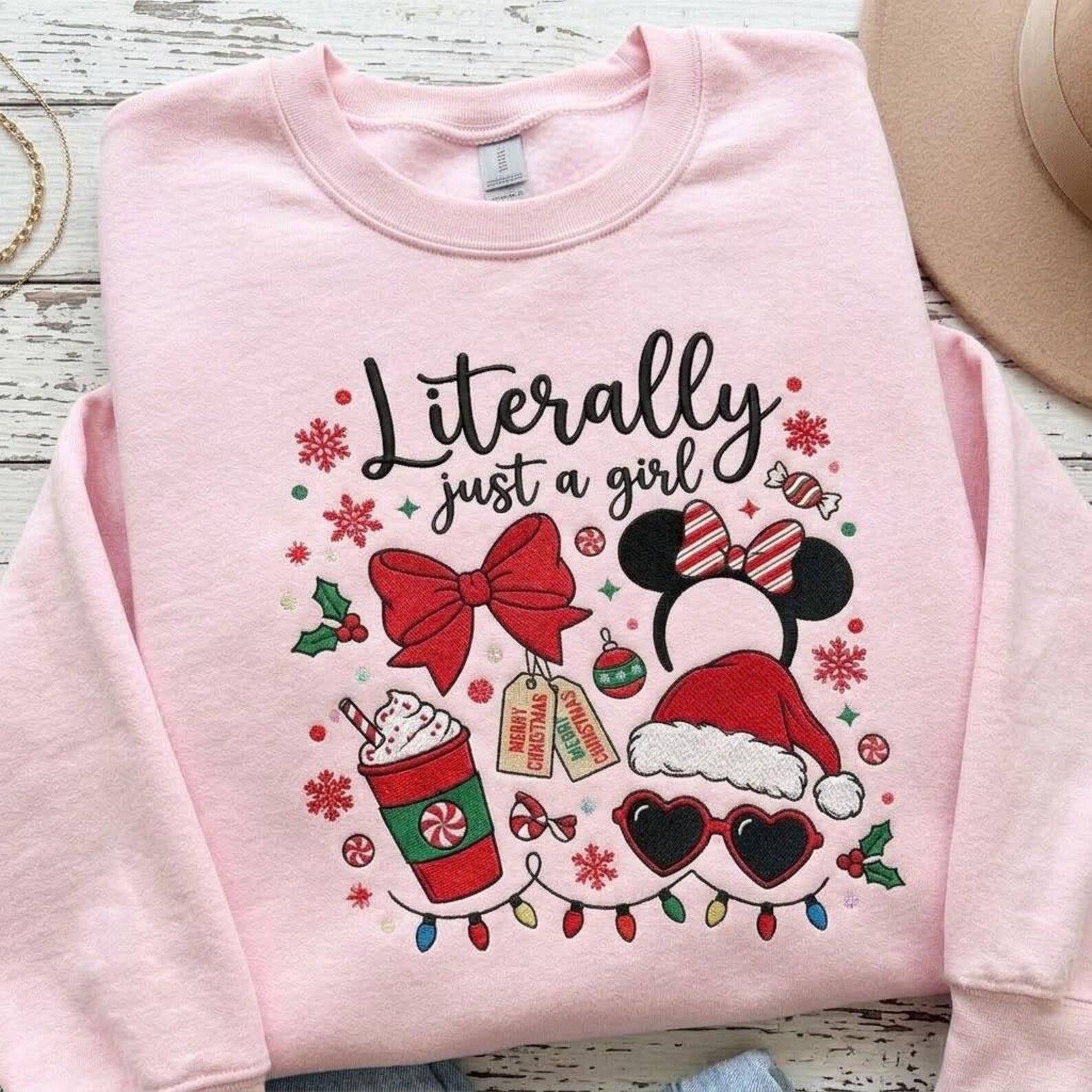 Literally Just a Girl Christmas Embroidered Sweatshirt, Cute Mouse Bow Holiday Crewneck, Girly Christmas Pullover, Festive Xmas Gift 2