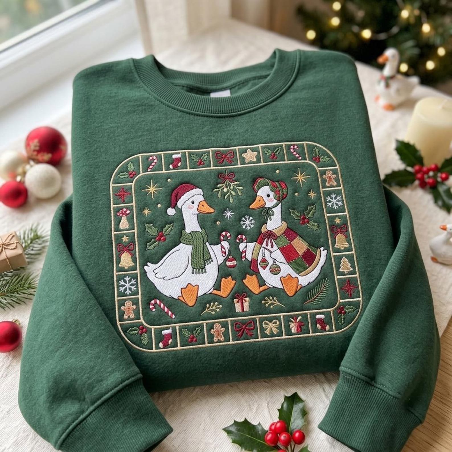 Embroidered Christmas Goose Sweatshirt, Festive Goose Couple Holiday Crewneck, Candy Cane Winter Pullover, Cute Christmas Gift 1