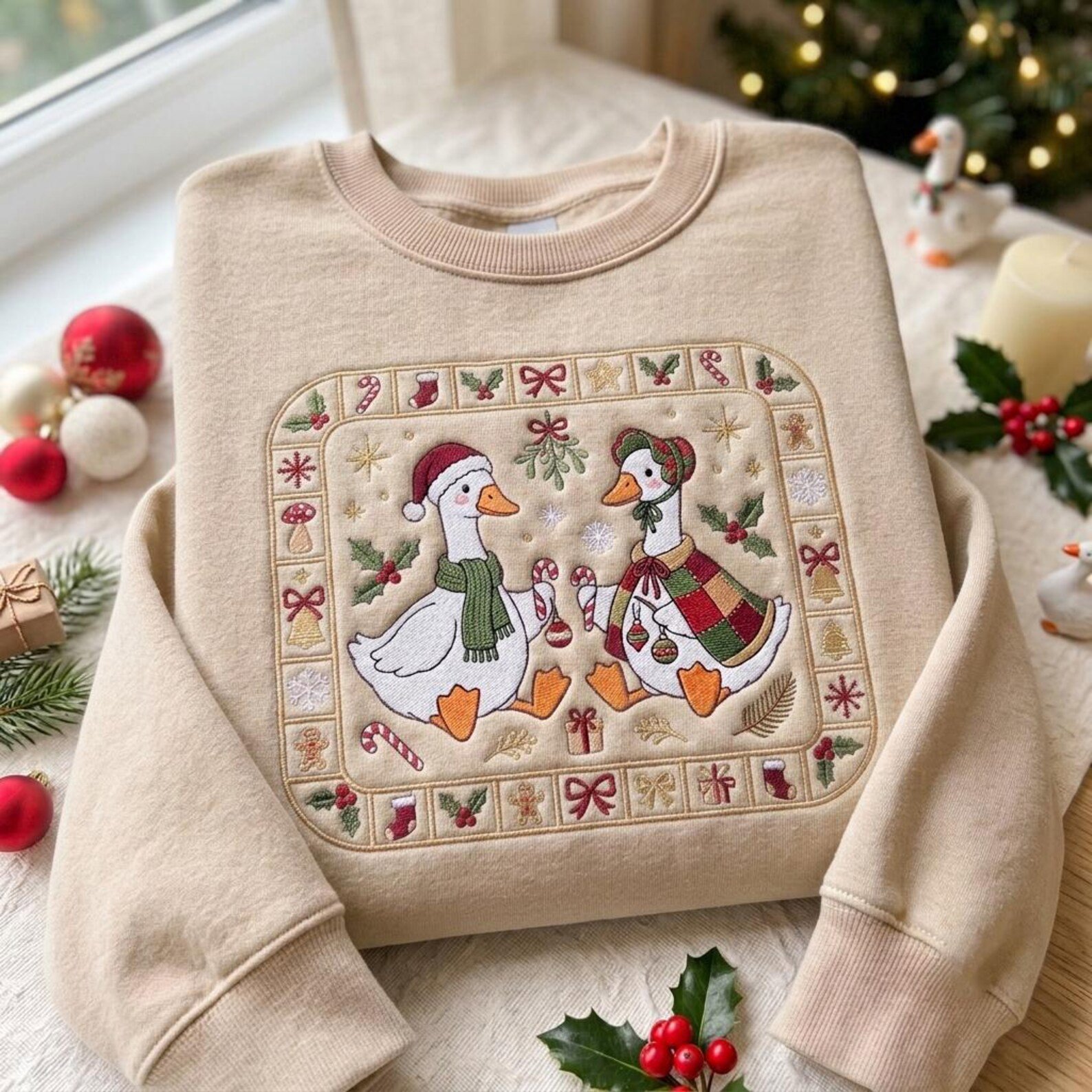 Embroidered Christmas Goose Sweatshirt, Festive Goose Couple Holiday Crewneck, Candy Cane Winter Pullover, Cute Christmas Gift 3