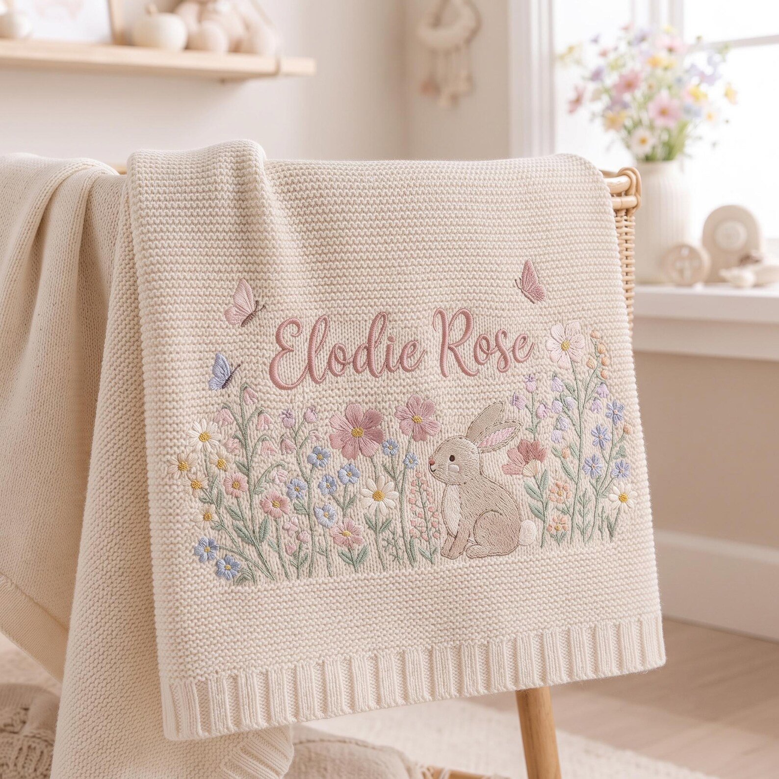 Custom Name Baby Blanket, Embroidered Bunny and Wildflower Knit Blanket, Personalized Rabbit Nursery Baby Shower Gift 2