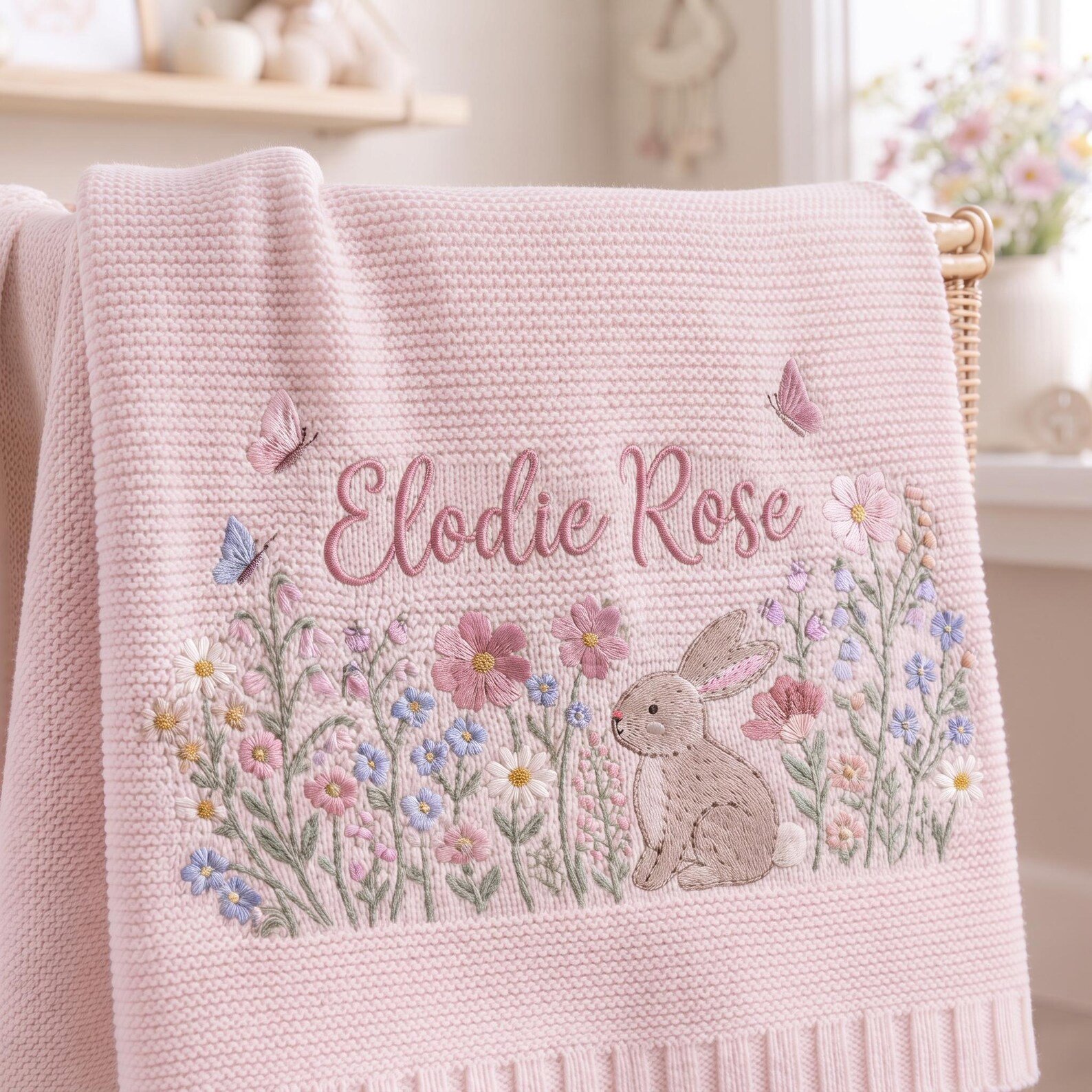 Custom Name Baby Blanket, Embroidered Bunny and Wildflower Knit Blanket, Personalized Rabbit Nursery Baby Shower Gift 3