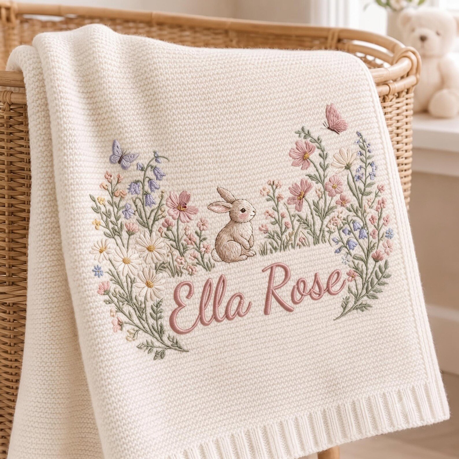 Embroidered Baby Name Blanket, Personalized Bunny and Wildflower Knit Blanket, Floral Newborn Nursery Keepsake, Baby Girl Gift 1