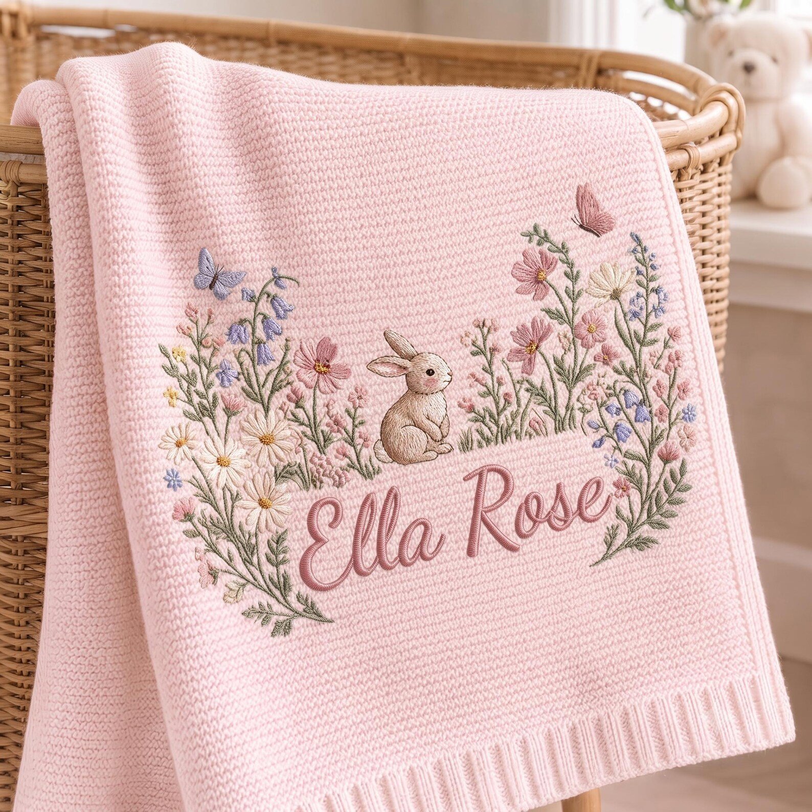 Embroidered Baby Name Blanket, Personalized Bunny and Wildflower Knit Blanket, Floral Newborn Nursery Keepsake, Baby Girl Gift 2