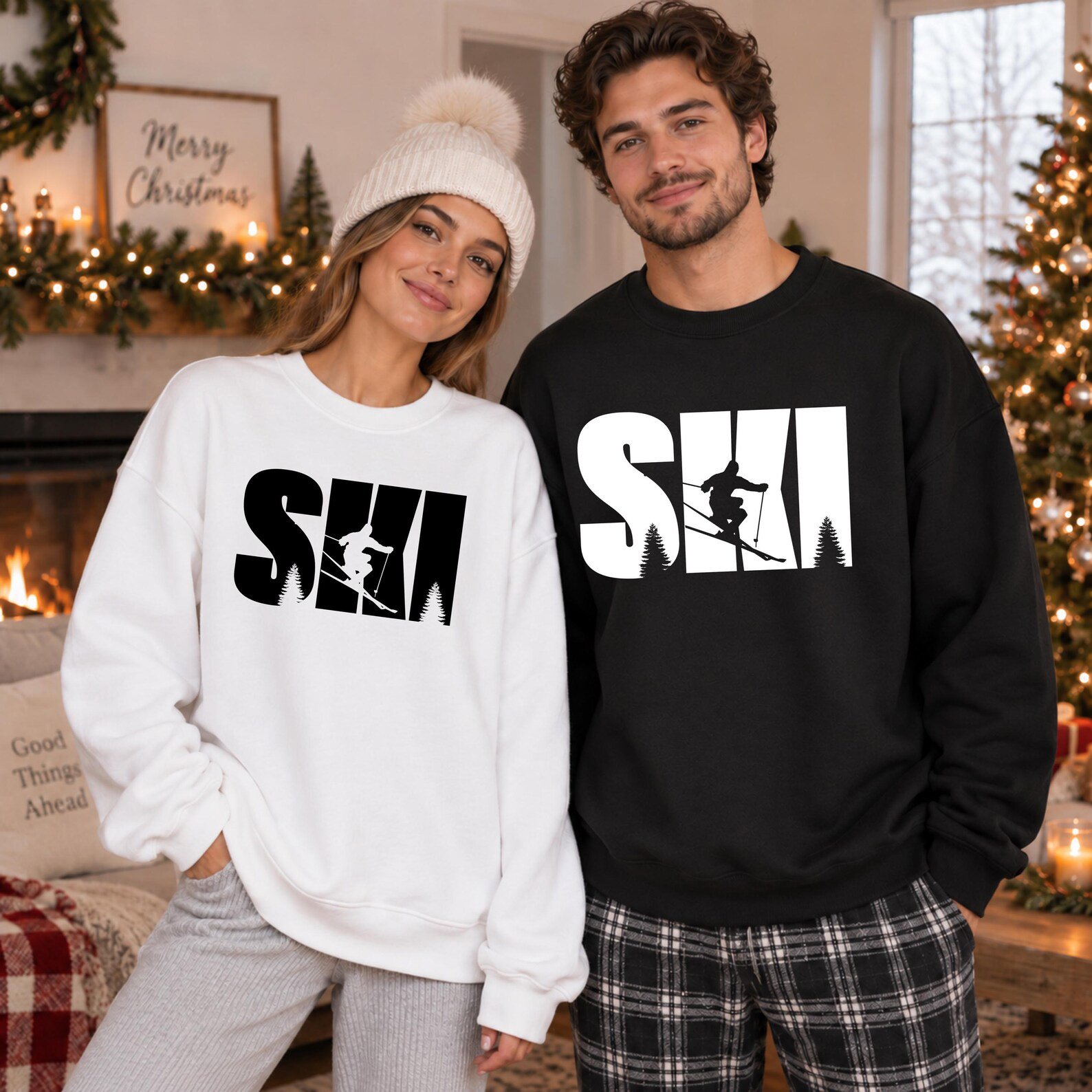 Ski Couple Sweatshirt, Winter Vacation Mountain Shirt, Matching Snow Sports Graphic Tee 2