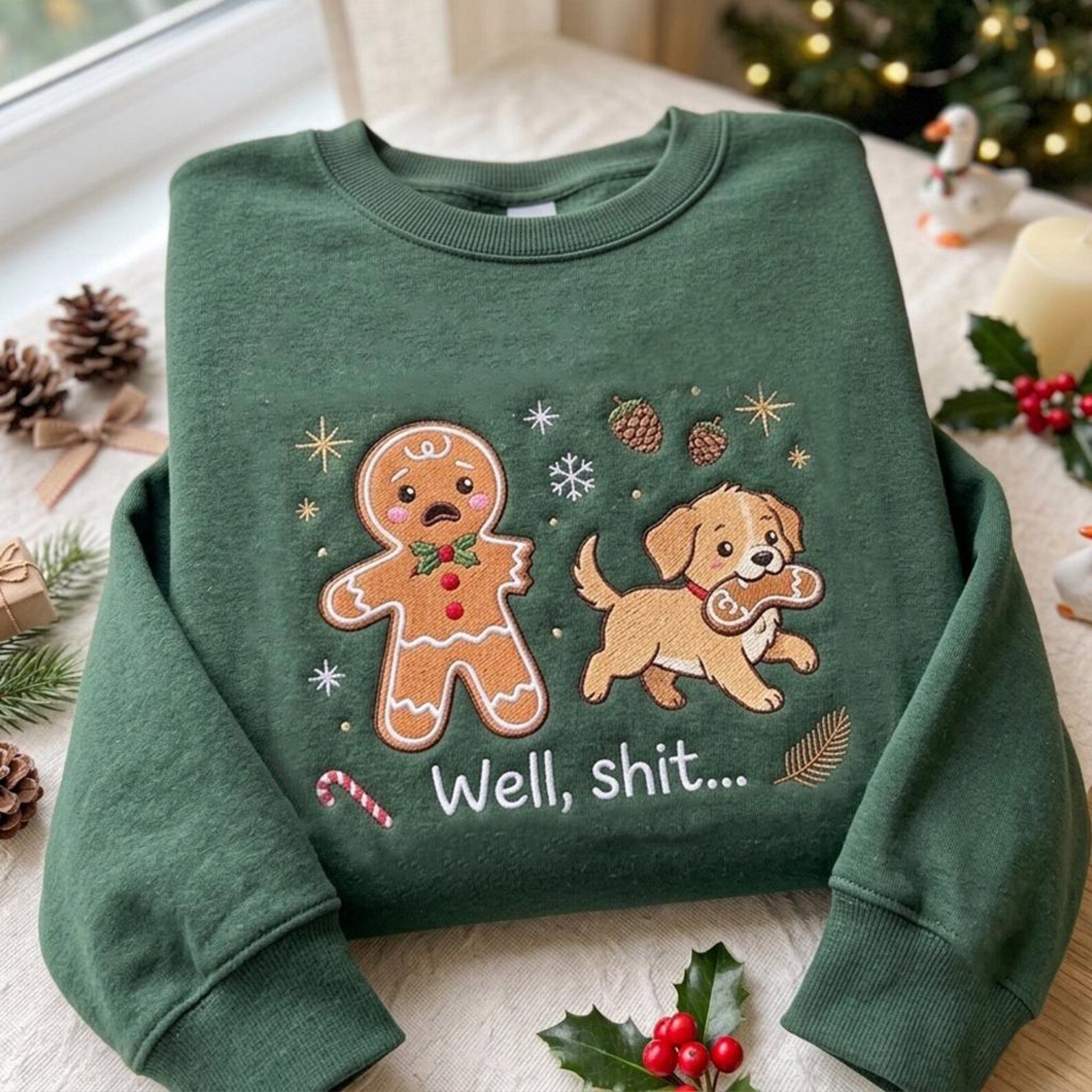 Well Shit Christmas Sweatshirt, Embroidered Gingerbread Man and Dog Sweater, Funny Cookie Thief Holiday Shirt, Dog Mom Gift 3