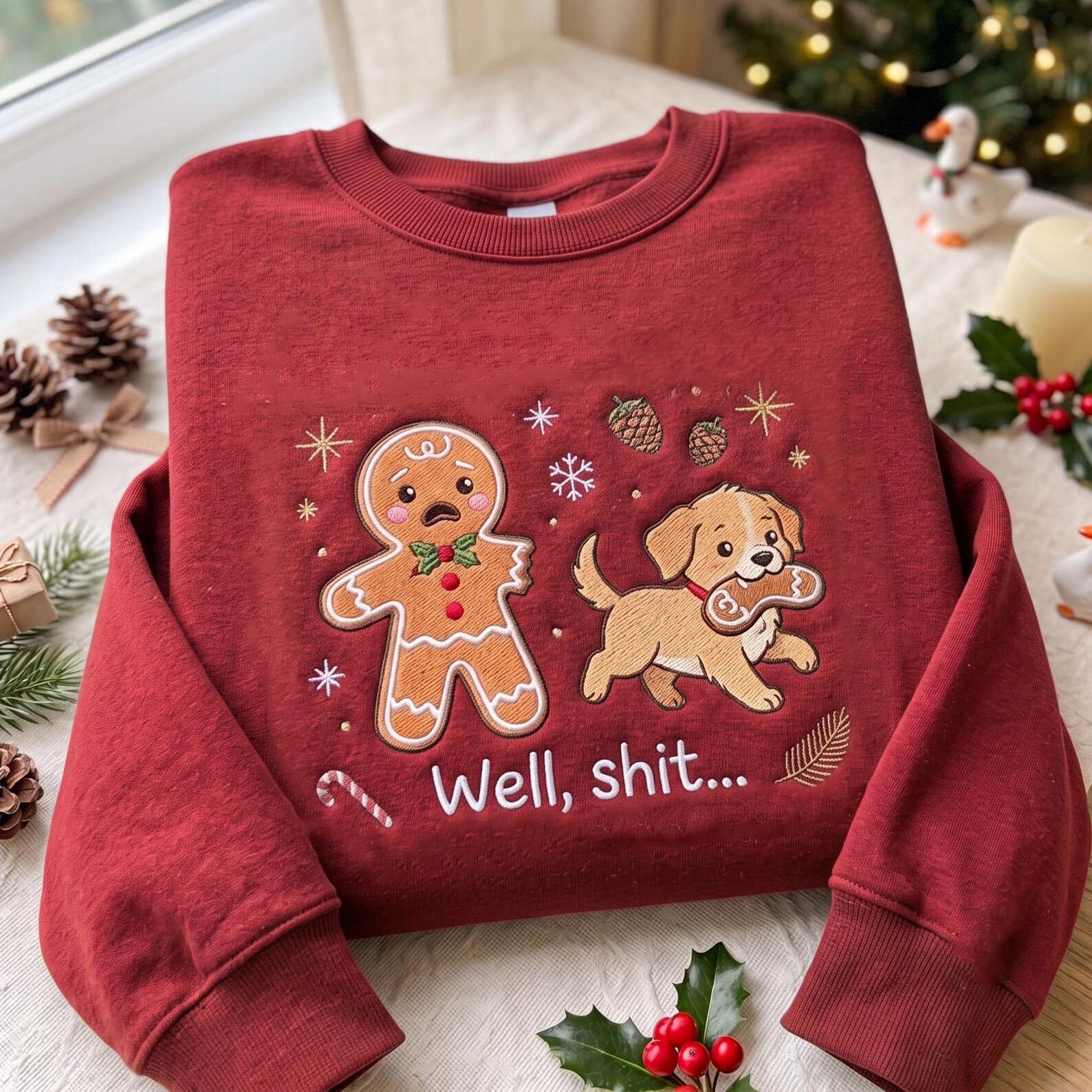Well Shit Christmas Sweatshirt, Embroidered Gingerbread Man and Dog Sweater, Funny Cookie Thief Holiday Shirt, Dog Mom Gift 1