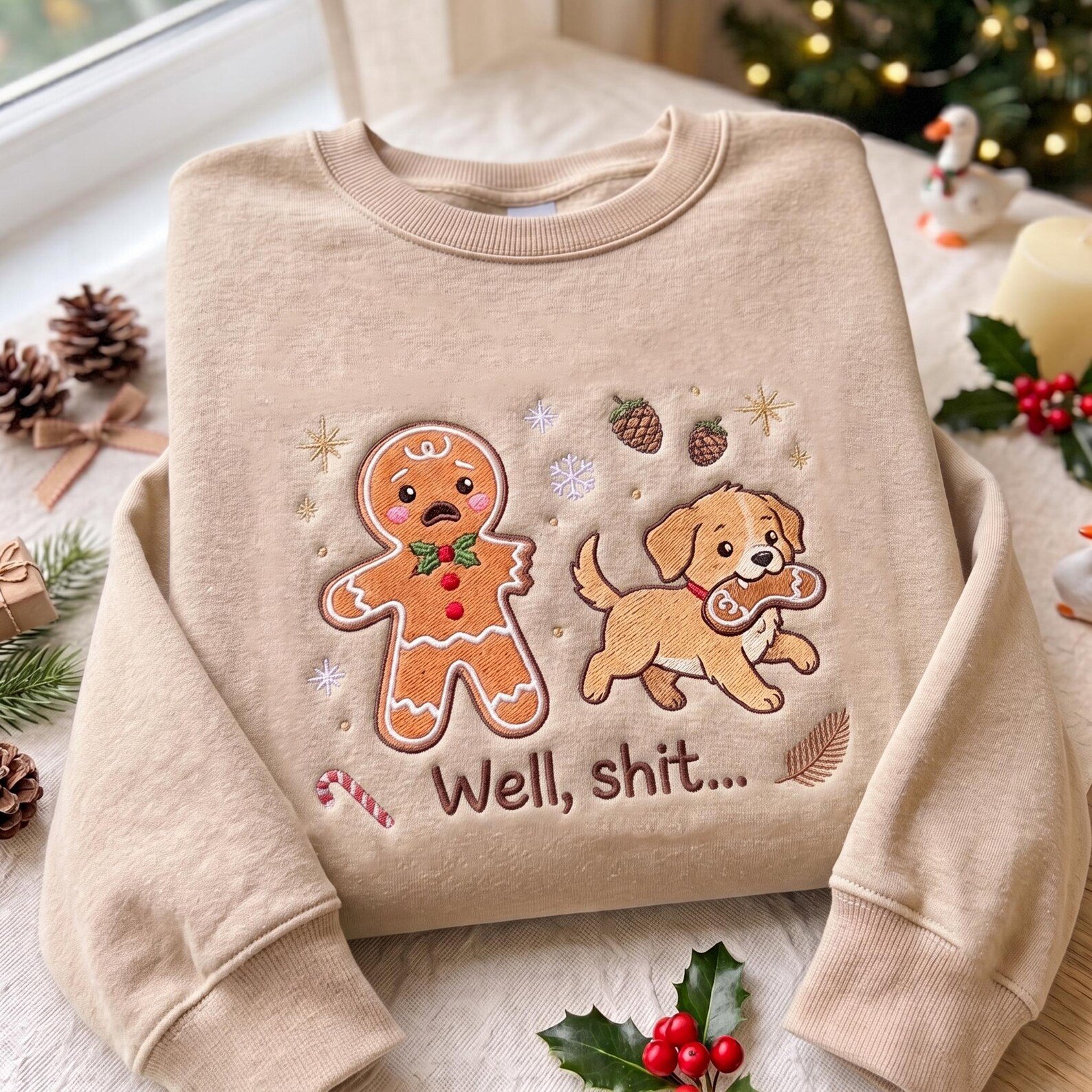 Well Shit Christmas Sweatshirt, Embroidered Gingerbread Man and Dog Sweater, Funny Cookie Thief Holiday Shirt, Dog Mom Gift 2