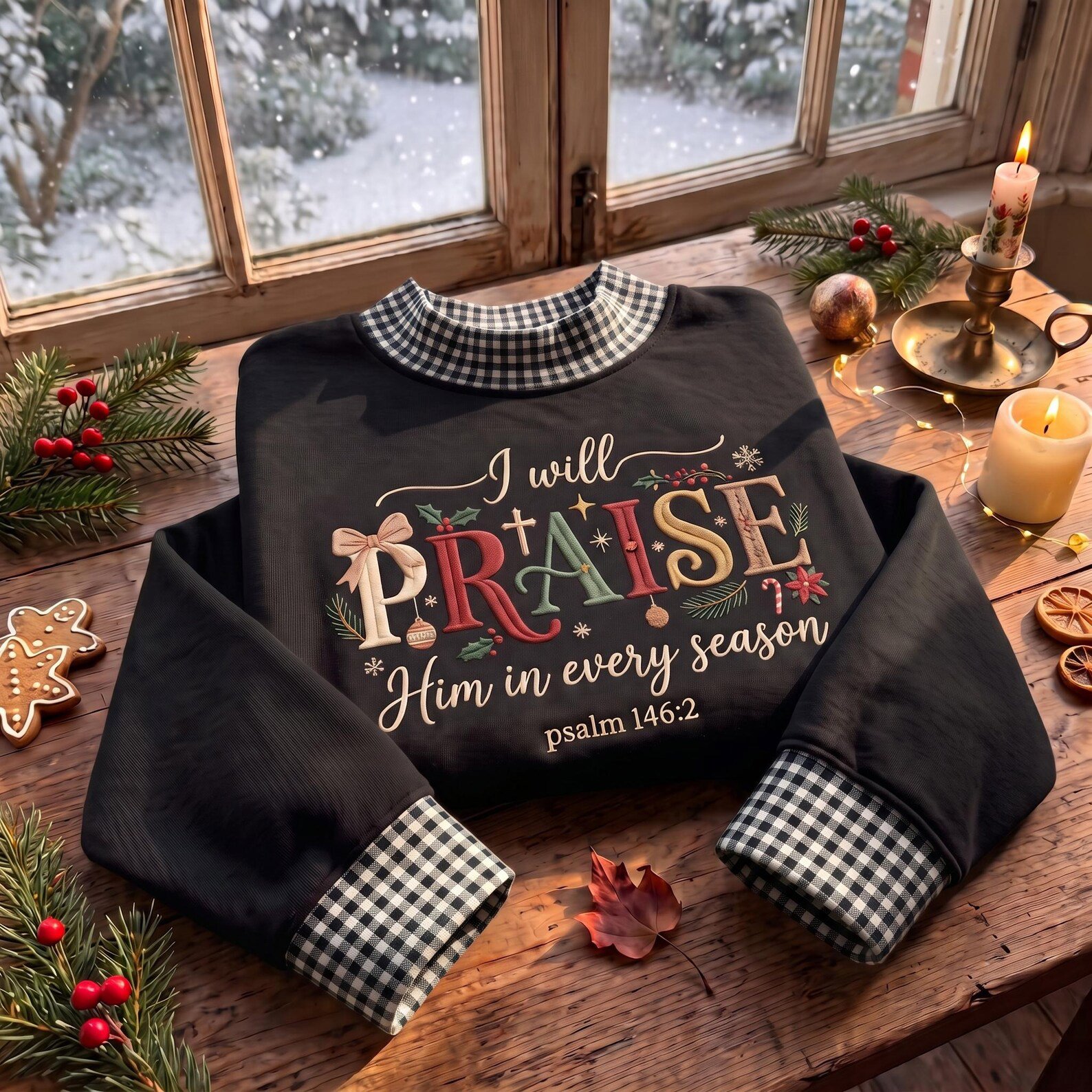 Psalm 146:2 Gingham Mock Neck Sweatshirt, Embroidered I Will Praise Him Christian Crewneck, Faith Holiday Pullover 3