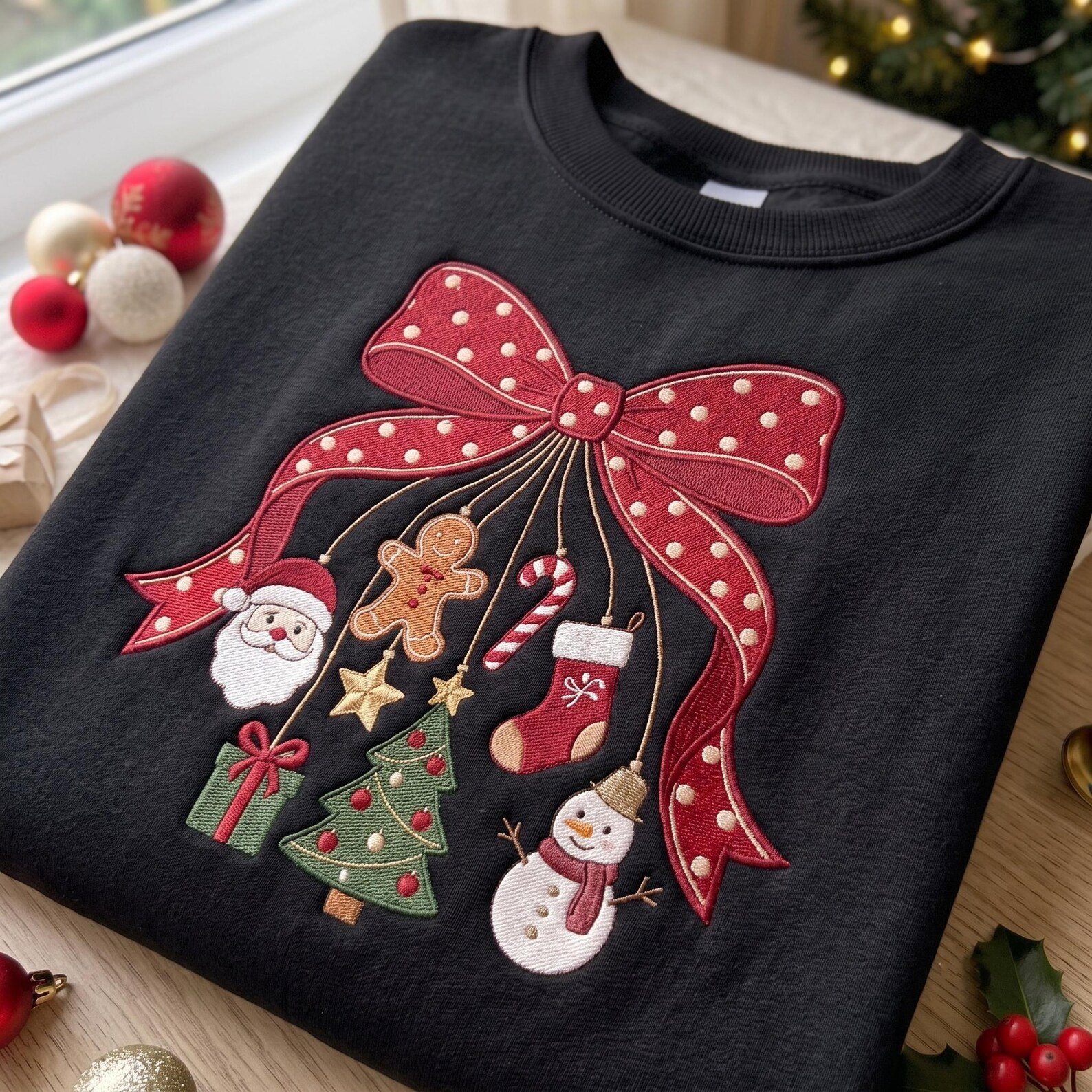 Embroidered Christmas Bow Sweatshirt, Holiday Ornament Sweater with Santa Gingerbread Snowman Tree, Festive Coquette Shirt 2