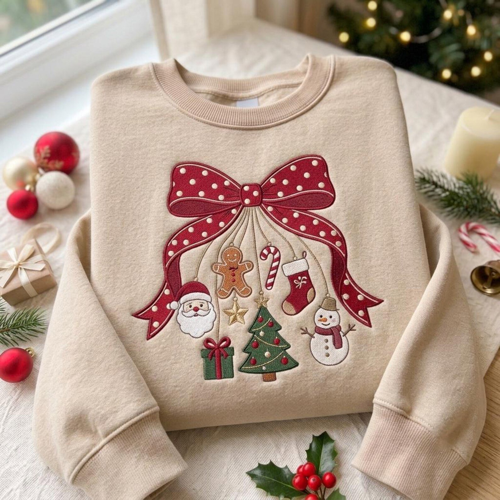 Embroidered Christmas Bow Sweatshirt, Holiday Ornament Sweater with Santa Gingerbread Snowman Tree, Festive Coquette Shirt 4