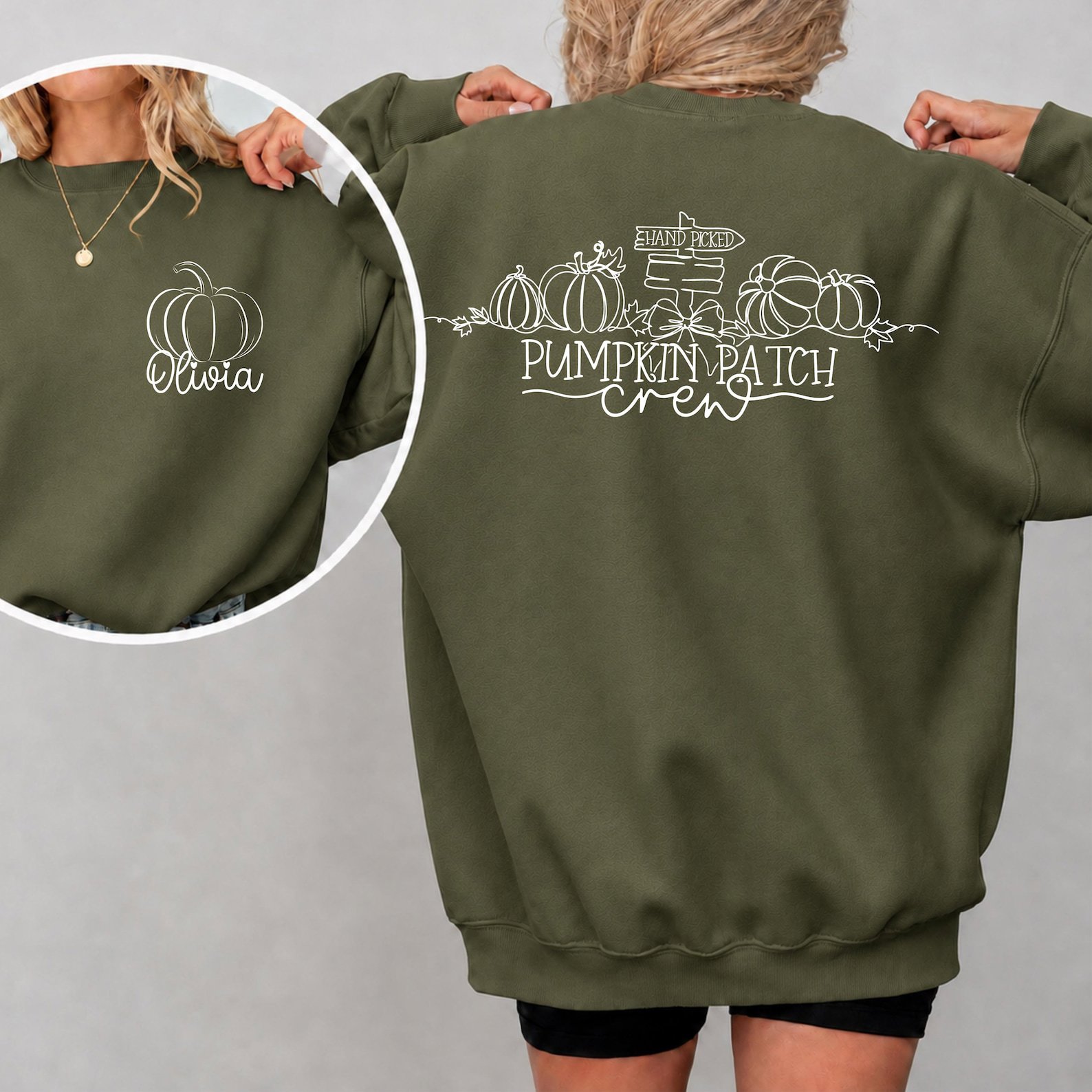 Custom Name Pumpkin Patch Crew Sweatshirt, Front Back Print Fall Matching Family Outfit 1