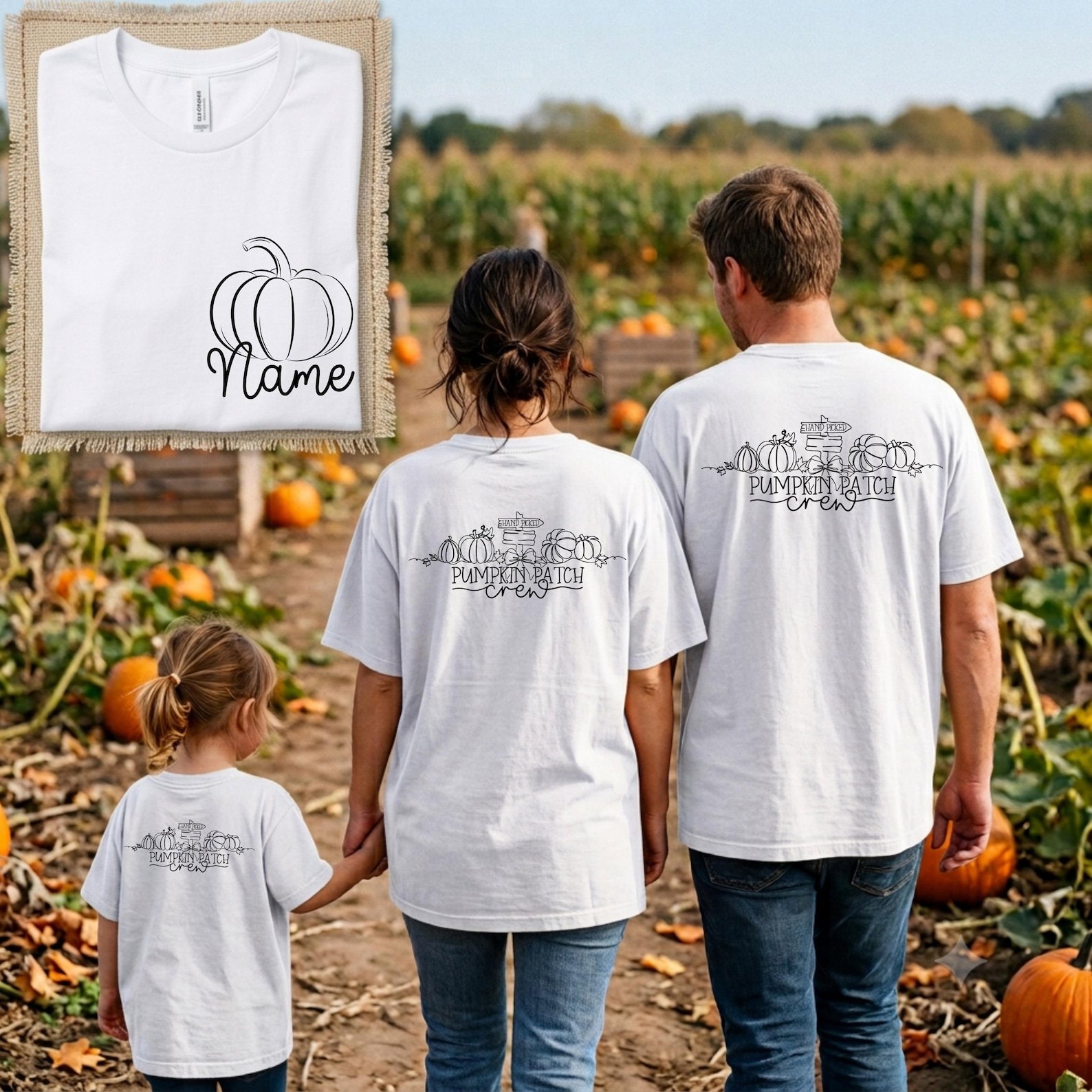 Custom Name Pumpkin Patch Crew Sweatshirt, Front Back Print Fall Matching Family Outfit 2