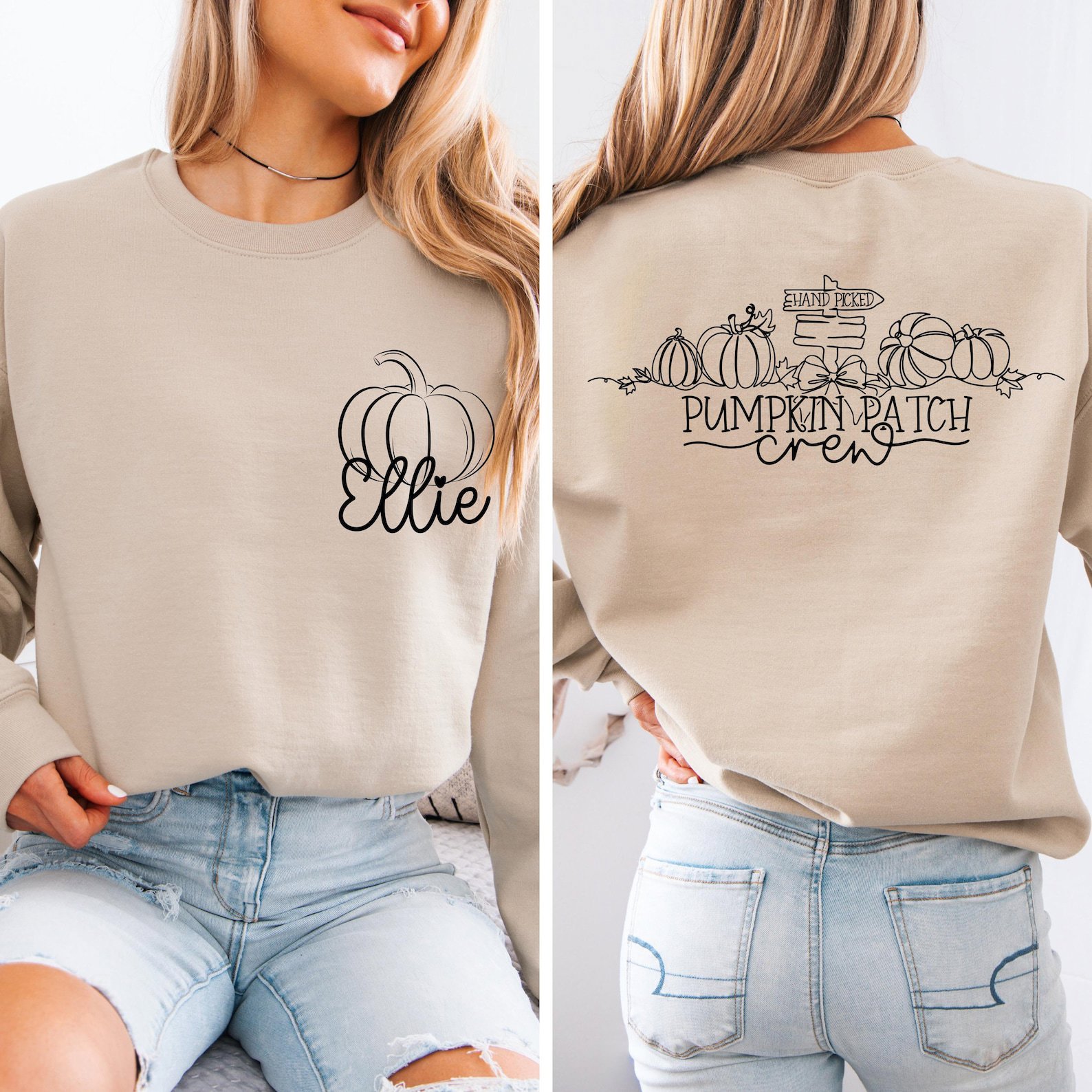 Custom Name Pumpkin Patch Crew Sweatshirt, Front Back Print Fall Matching Family Outfit 3