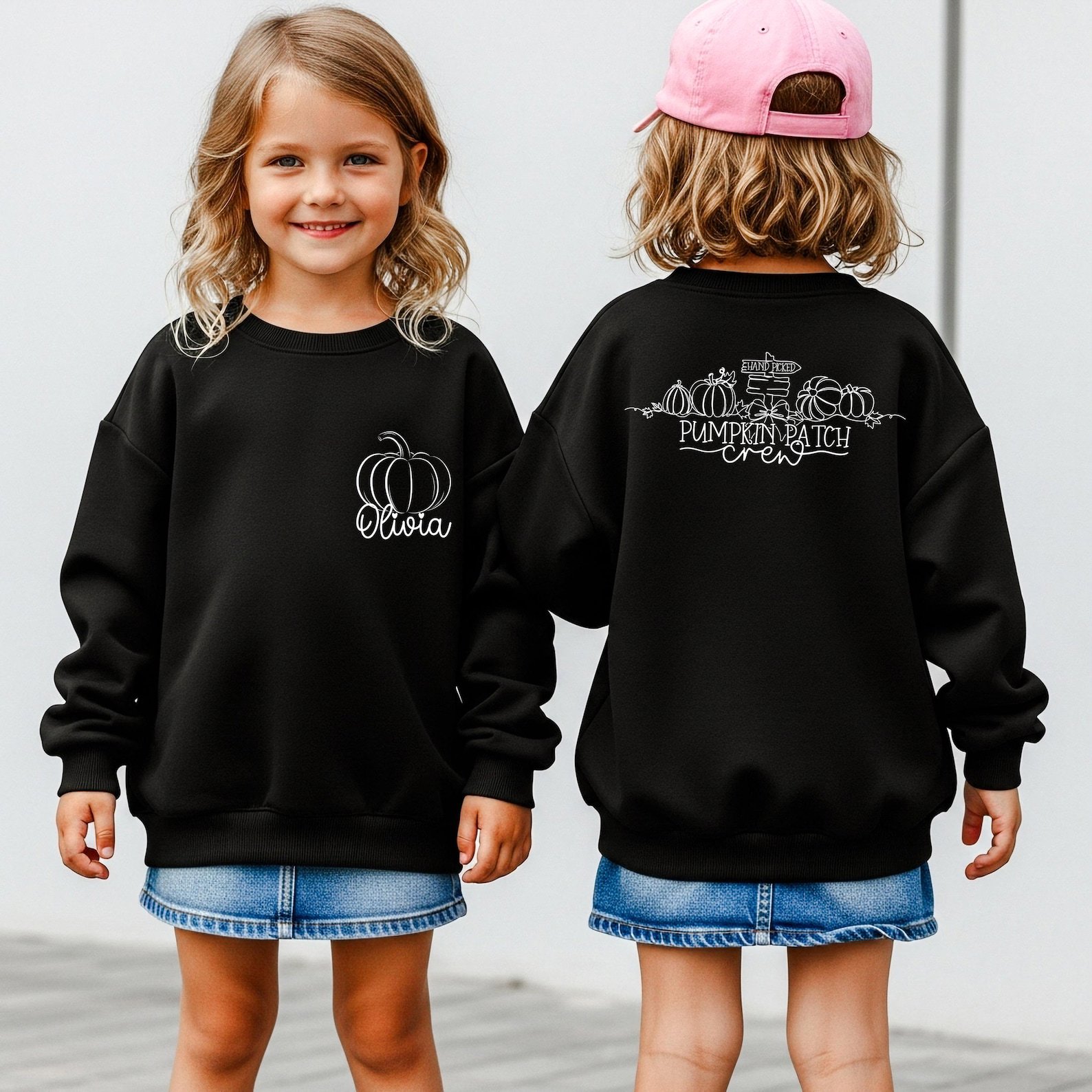 Custom Name Pumpkin Patch Crew Sweatshirt, Front Back Print Fall Matching Family Outfit 5