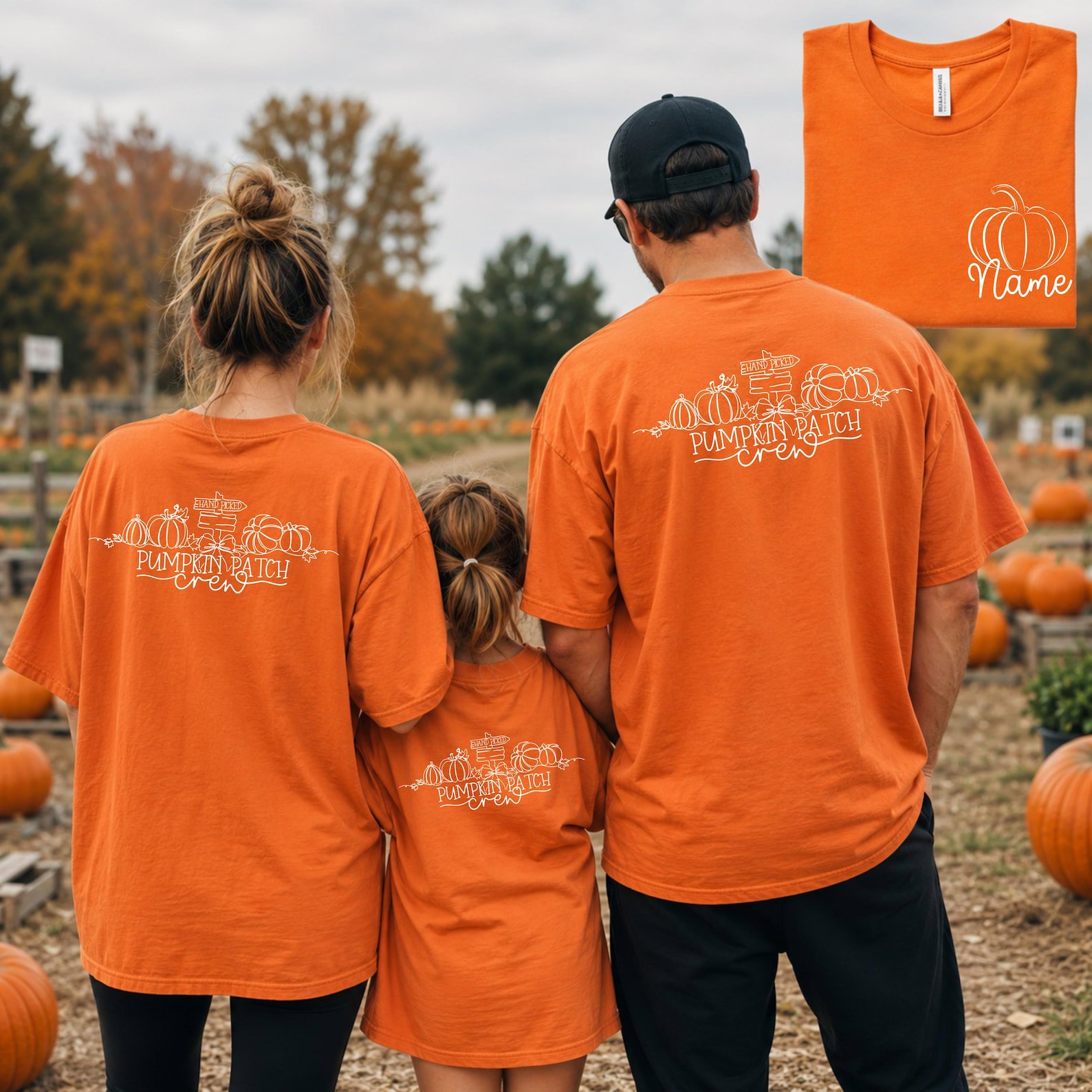 Custom Name Pumpkin Patch Crew Sweatshirt, Front Back Print Fall Matching Family Outfit 7