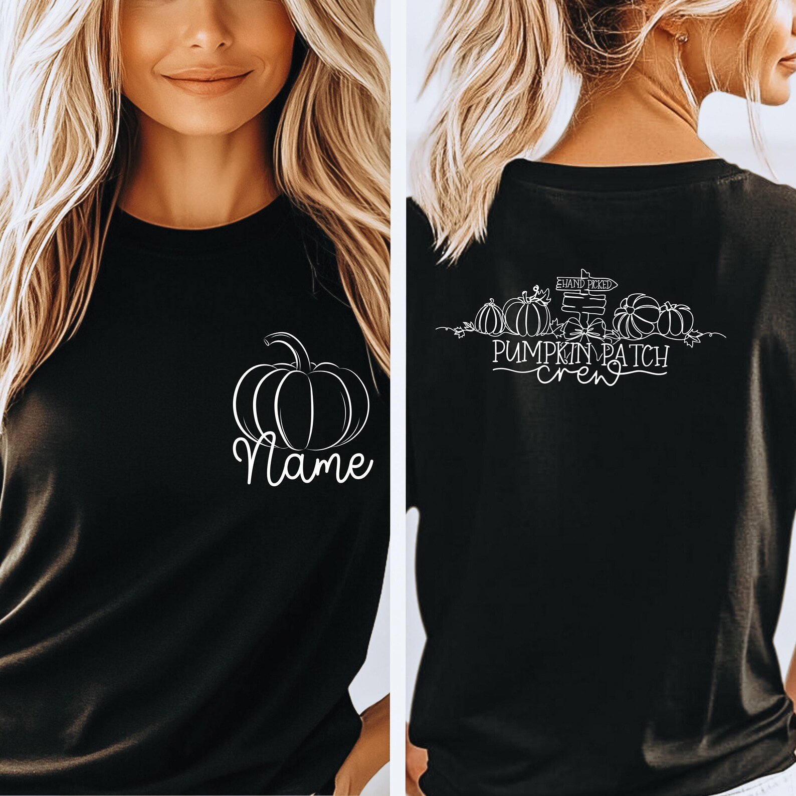 Custom Name Pumpkin Patch Crew Sweatshirt, Front Back Print Fall Matching Family Outfit 8