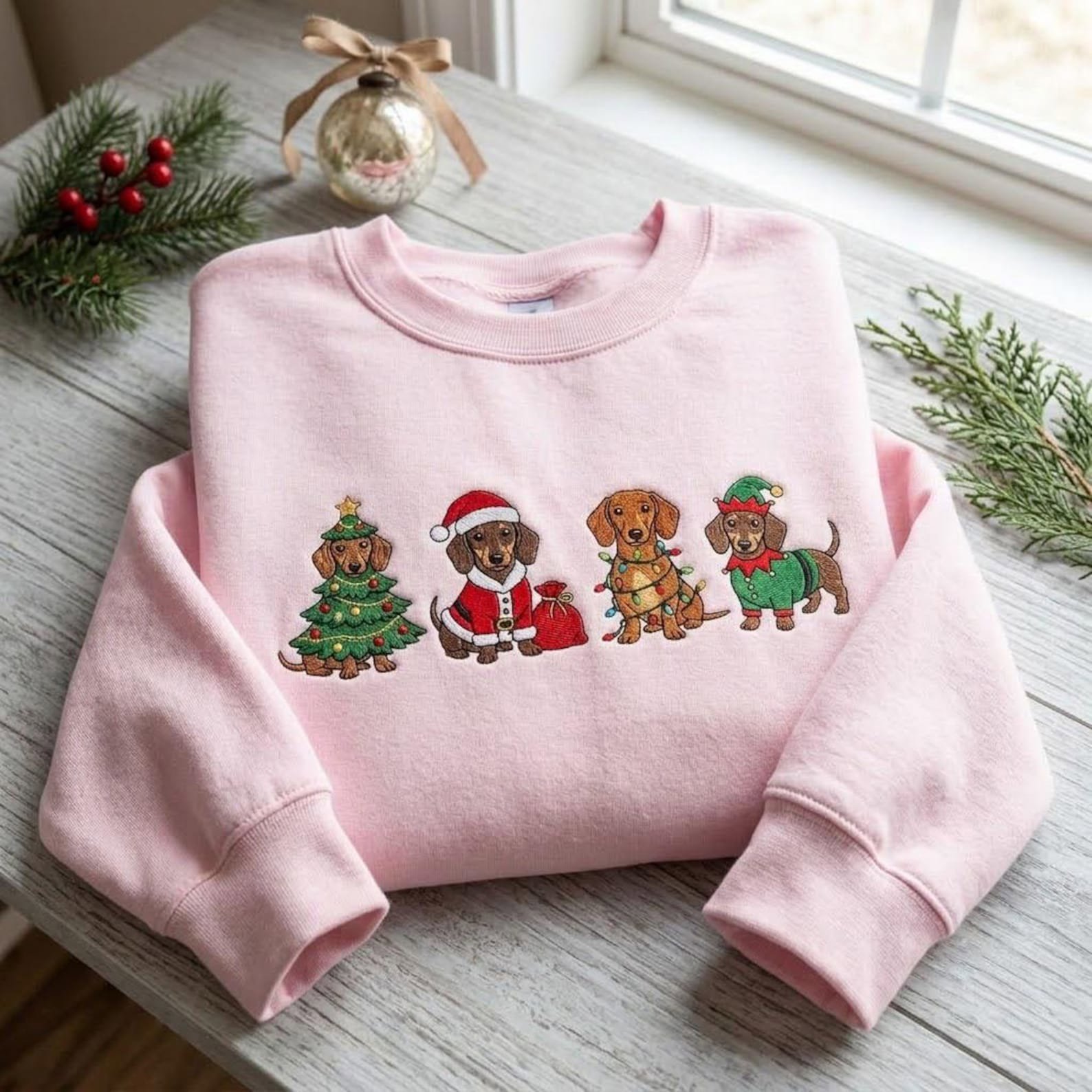 Embroidered Dachshund Christmas Sweatshirt, Cute Wiener Dogs in Santa Elf Costumes, Holiday Dog Lover Sweater Gift 3