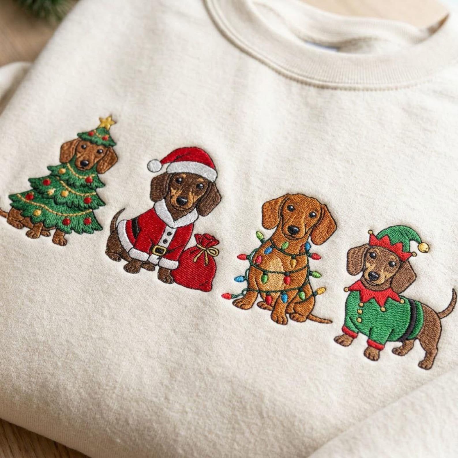 Embroidered Dachshund Christmas Sweatshirt, Cute Wiener Dogs in Santa Elf Costumes, Holiday Dog Lover Sweater Gift 4