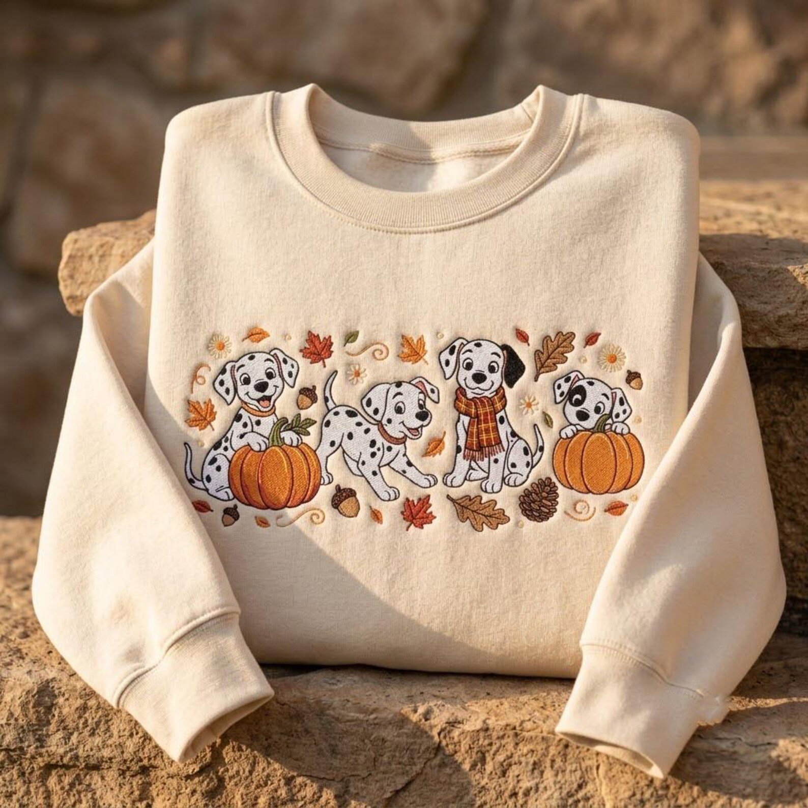Dalmatian Fall Embroidered Sweatshirt, Cute Pumpkin Dog Autumn Crewneck, Cozy Spotted Dog Shirt, Thanksgiving Gift for Dog Lovers Mom 1
