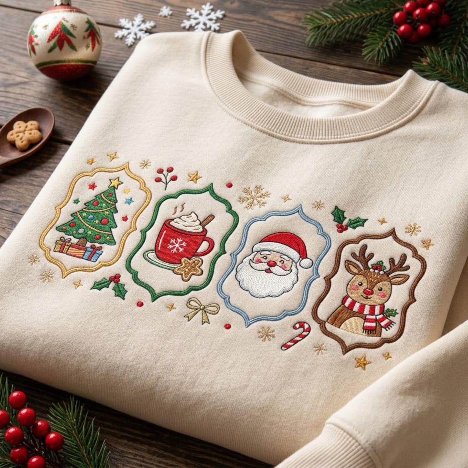 Vintage Christmas Embroidered Sweatshirt, Santa Reindeer Tree Hot Cocoa Crewneck, Festive Holiday Character Winter Pullover 3