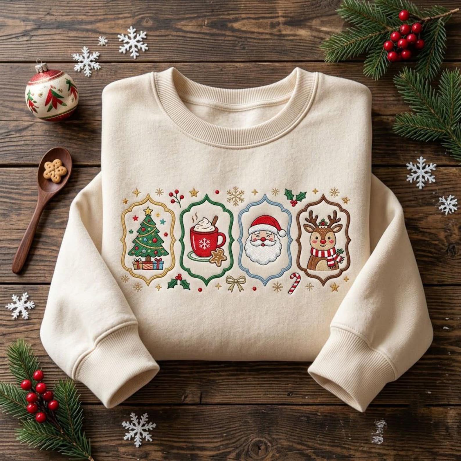 Vintage Christmas Embroidered Sweatshirt, Santa Reindeer Tree Hot Cocoa Crewneck, Festive Holiday Character Winter Pullover 2
