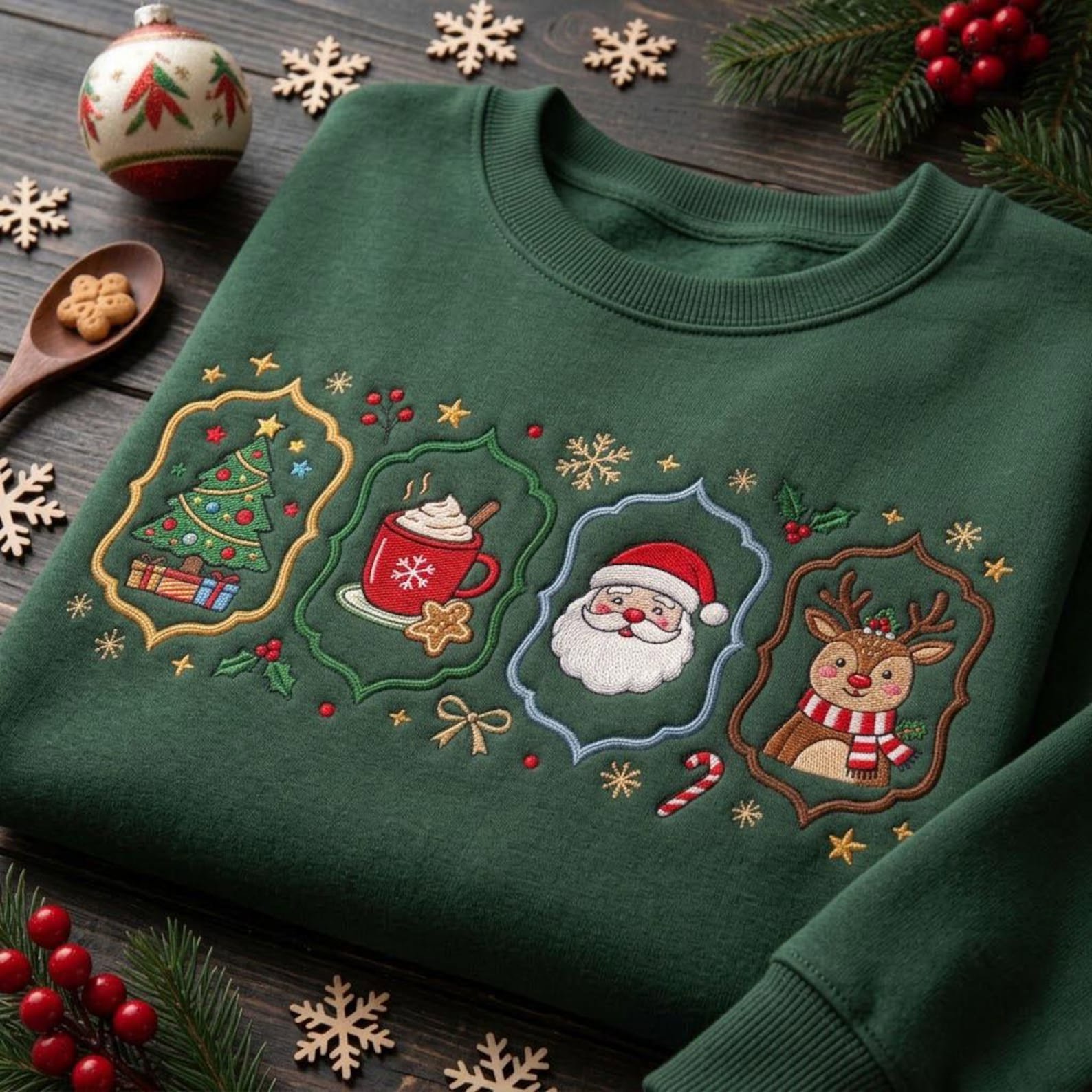 Vintage Christmas Embroidered Sweatshirt, Santa Reindeer Tree Hot Cocoa Crewneck, Festive Holiday Character Winter Pullover 4
