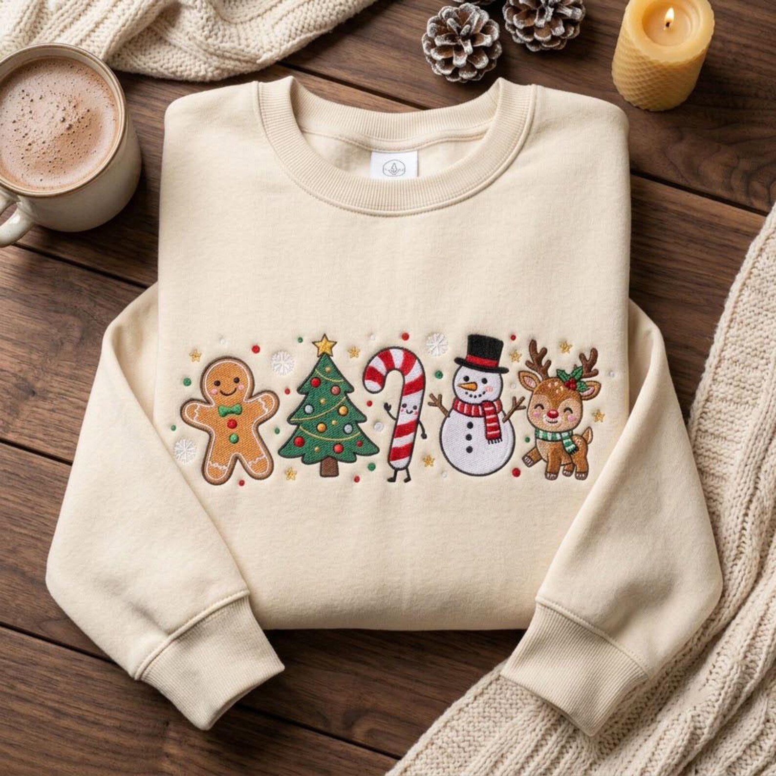 Embroidered Christmas Sweatshirt, Gingerbread Christmas Tree Candy Cane Snowman Reindeer Holiday Sweater, Festive Gift 4