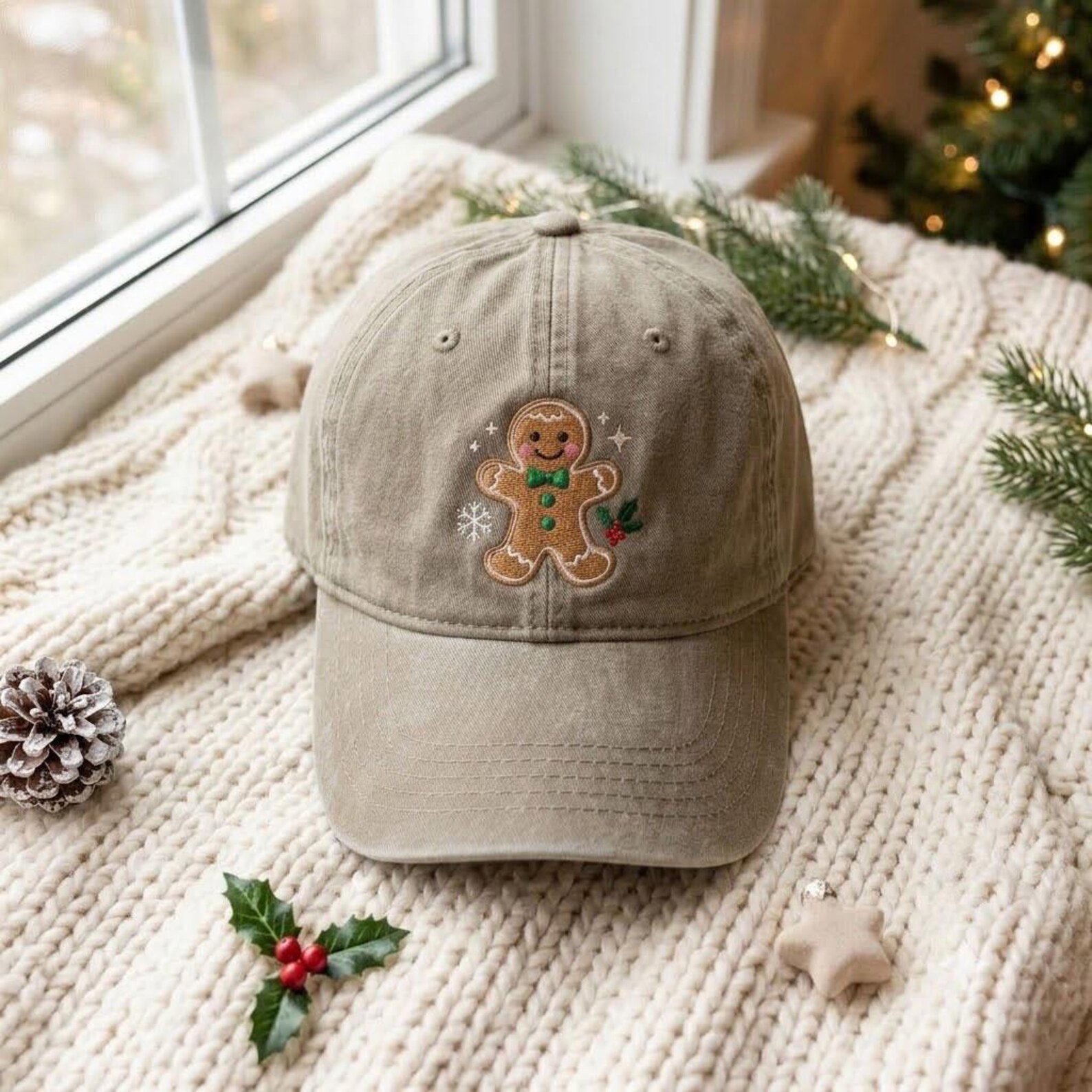 Christmas Gingerbread Embroidered Washed Hat, Cute Gingerbread Man Dad Cap, Festive Holiday Baseball Cap, Christmas Gift 4