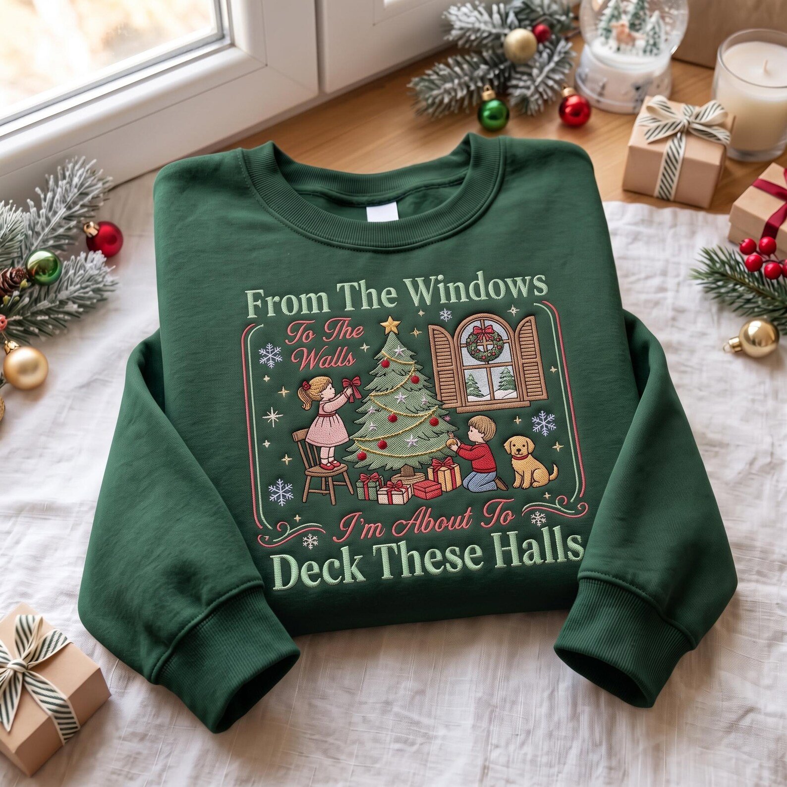 From The Windows To The Walls Sweatshirt, Embroidered Deck These Halls Christmas Sweater, Family Holiday Tree Shirt 1