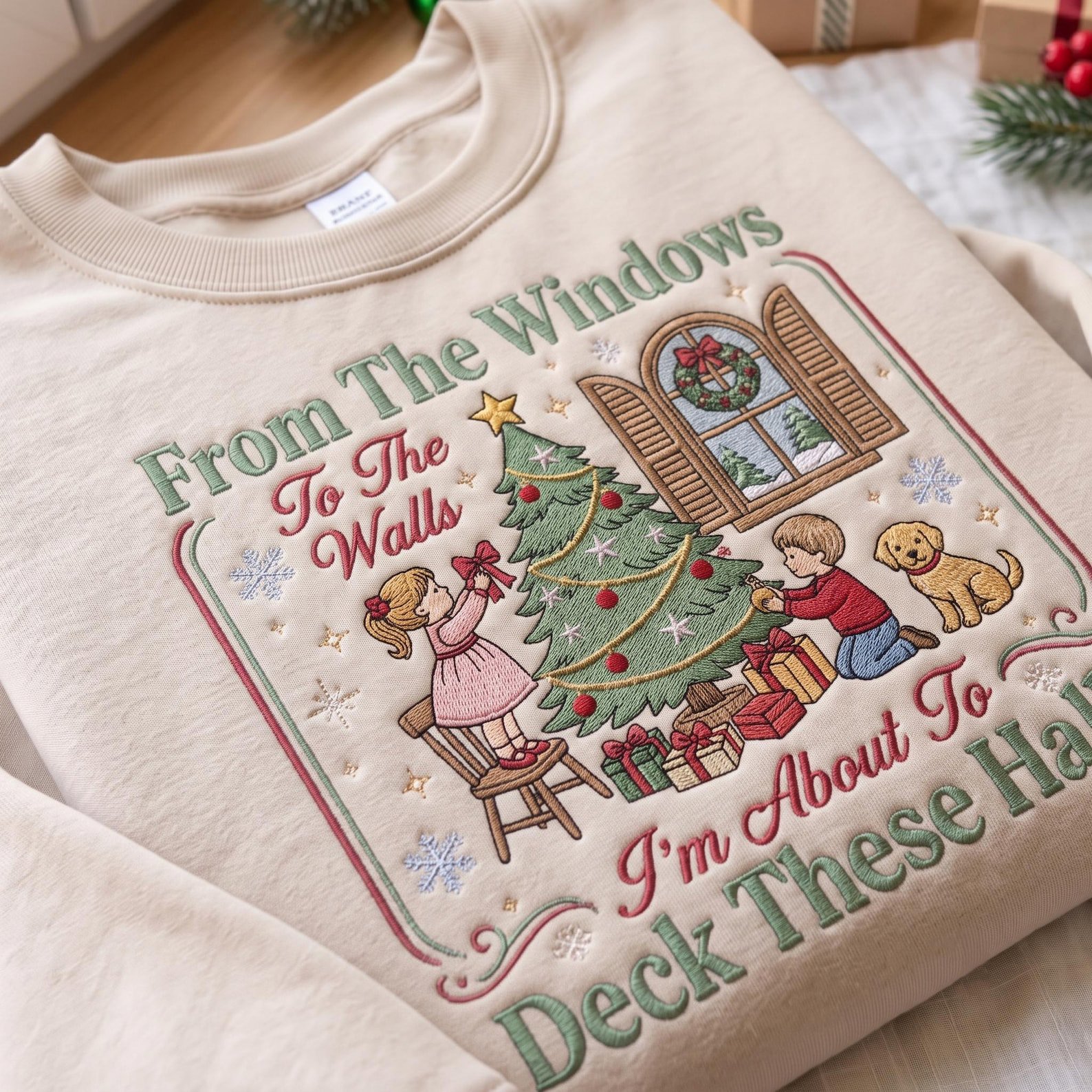 From The Windows To The Walls Sweatshirt, Embroidered Deck These Halls Christmas Sweater, Family Holiday Tree Shirt 3