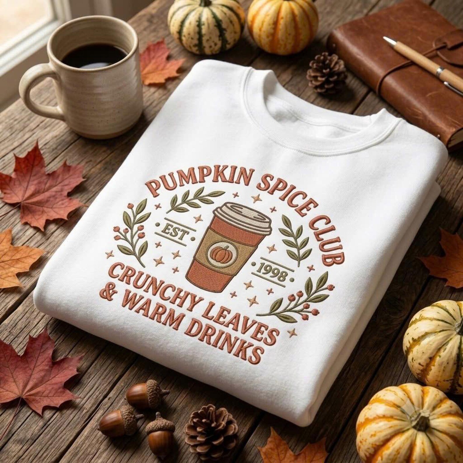Pumpkin Spice Sweatshirt, Embroidered Autumn Coffee Sweater, Crunchy Leaves and Warm Drinks Shirt, Cozy Fall Gift 2
