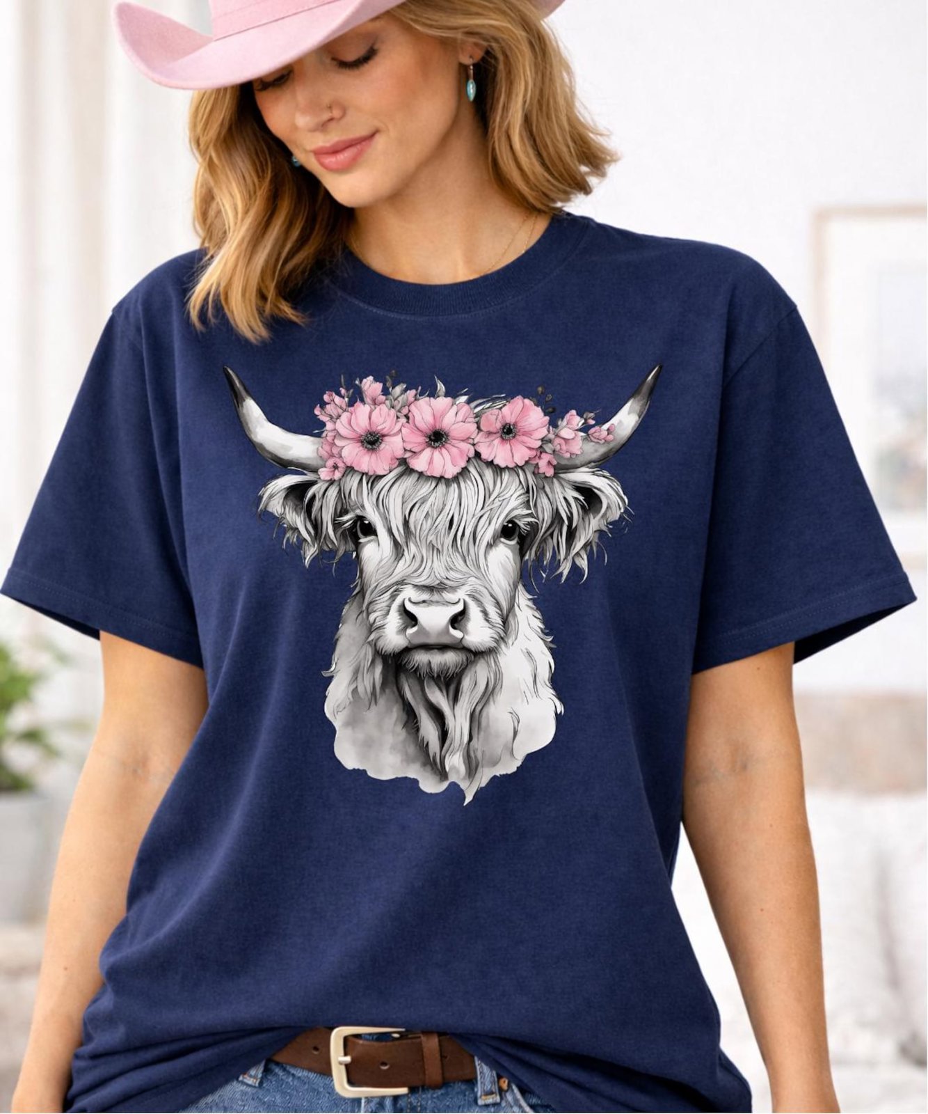 Highland Cow Sweatshirt, Flower Crown Cow Crewneck, Western Cowgirl Top, Country Concert Outfit, Cow Lover Gift, Highland Cow Tee 1