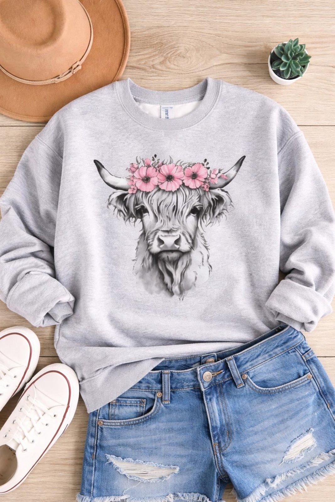 Highland Cow Sweatshirt, Flower Crown Cow Crewneck, Western Cowgirl Top, Country Concert Outfit, Cow Lover Gift, Highland Cow Tee 2