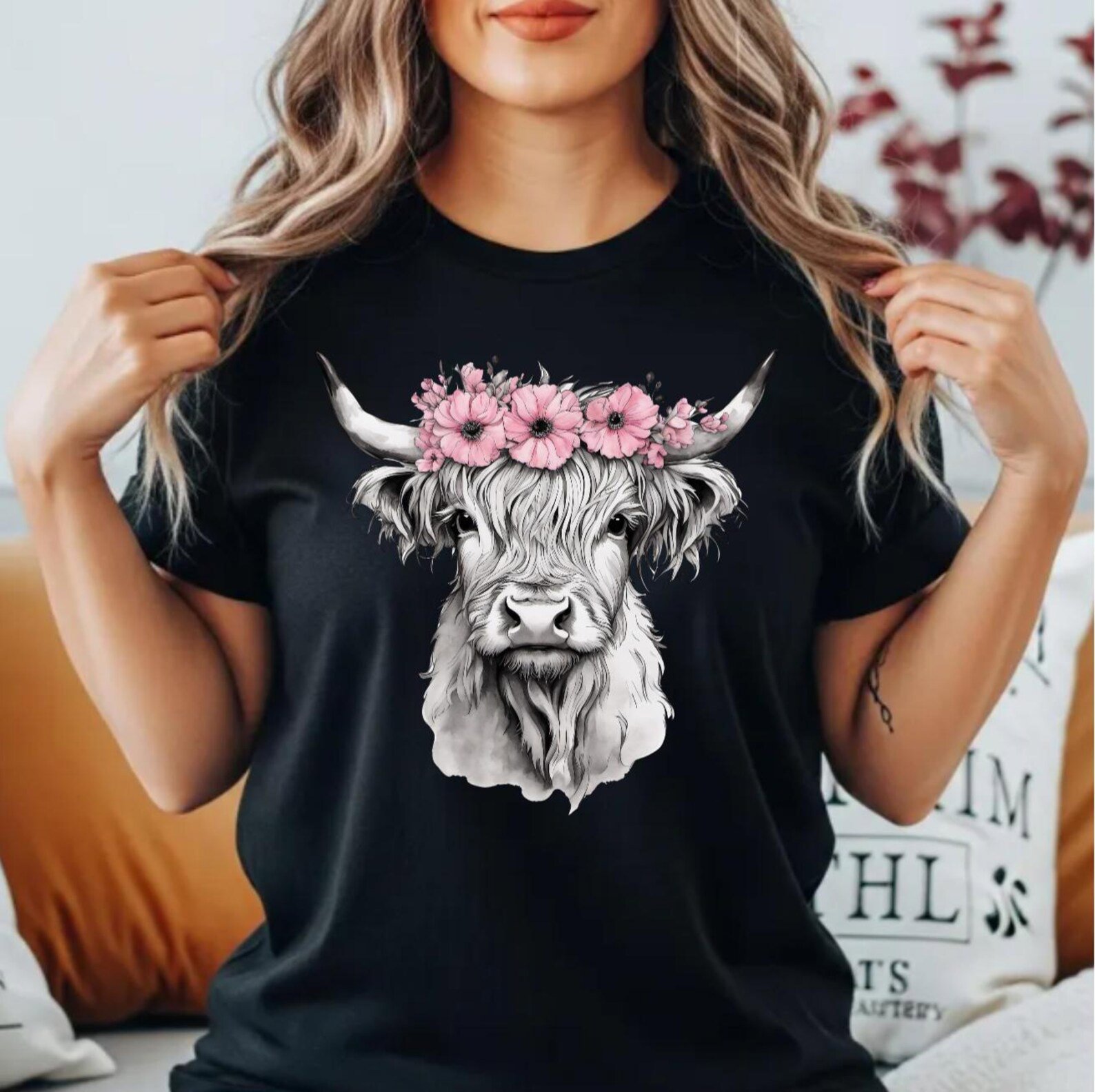 Highland Cow Sweatshirt, Flower Crown Cow Crewneck, Western Cowgirl Top, Country Concert Outfit, Cow Lover Gift, Highland Cow Tee 4