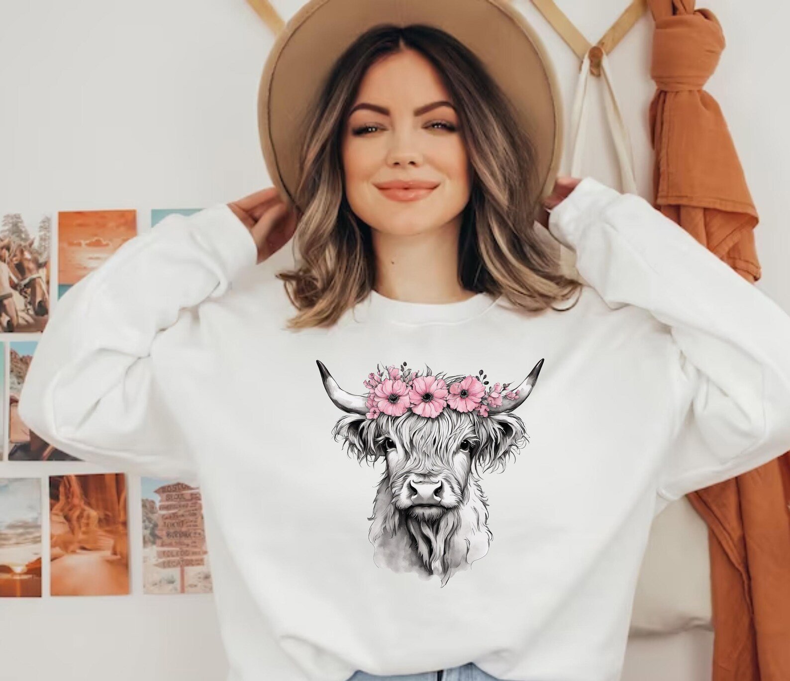 Highland Cow Sweatshirt, Flower Crown Cow Crewneck, Western Cowgirl Top, Country Concert Outfit, Cow Lover Gift, Highland Cow Tee 5