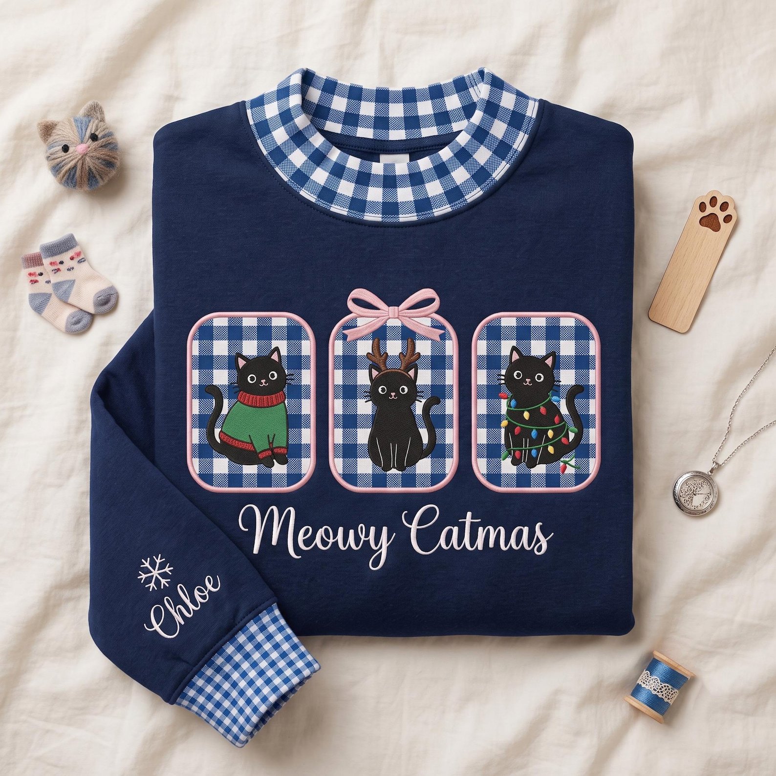 Christmas Cat Gingham Mock Neck Sweatshirt, Meowy Catmas Embroidered Crewneck, Custom Name Holiday Pullover for Cat Lovers 1