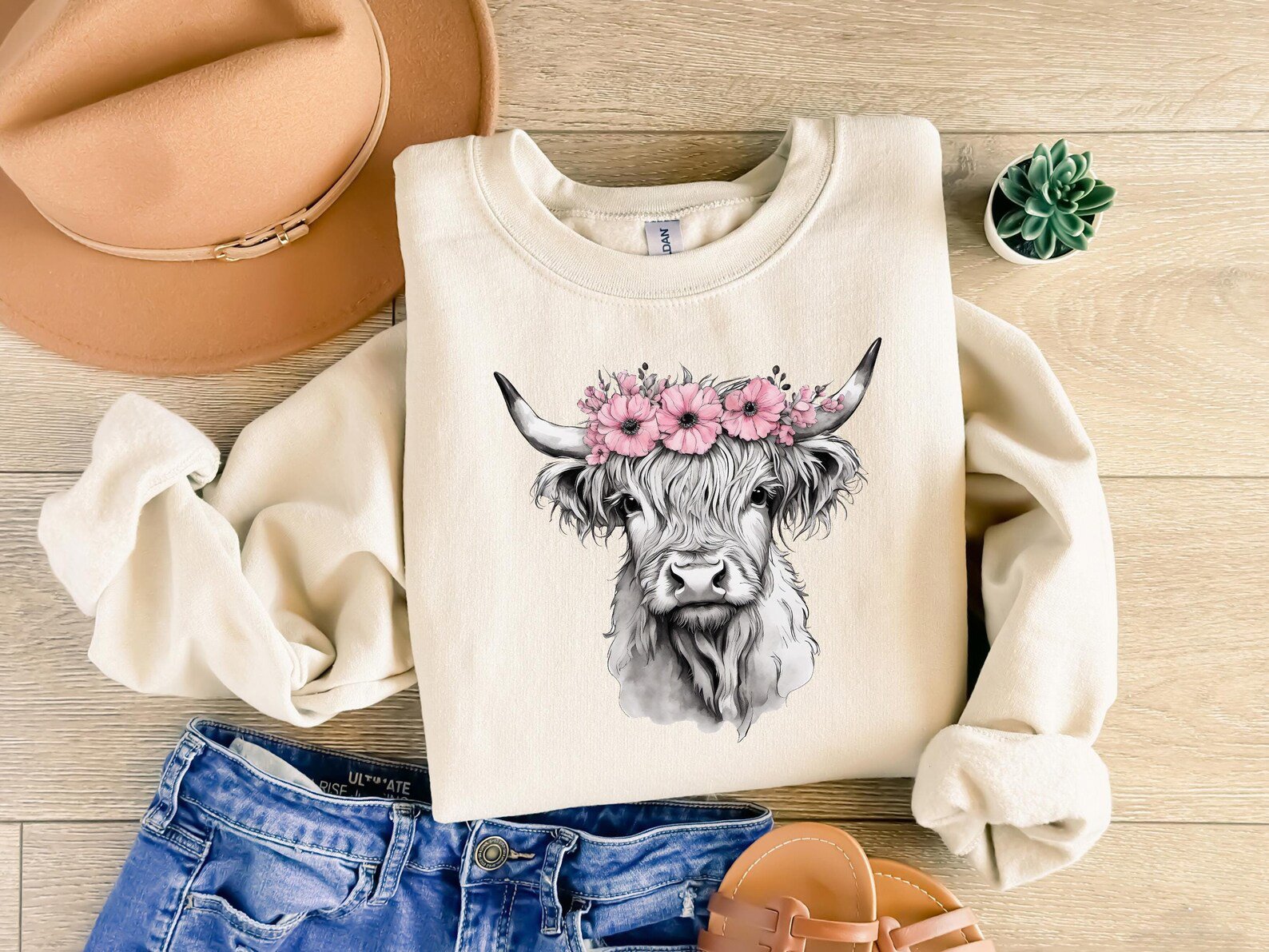 Highland Cow Sweatshirt, Flower Crown Cow Crewneck, Western Cowgirl Top, Country Concert Outfit, Cow Lover Gift, Highland Cow Tee 6