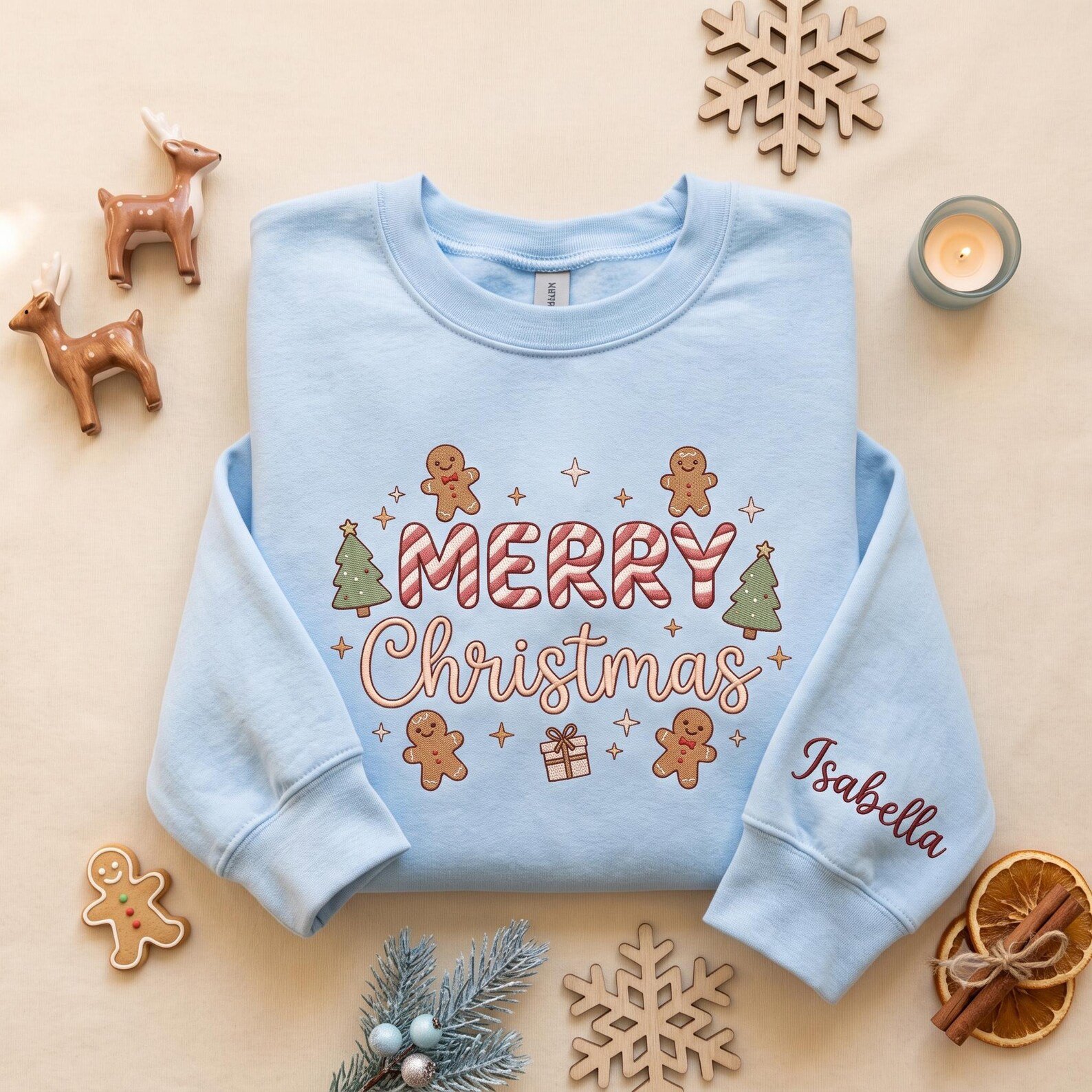 Merry Christmas Sweatshirt, Personalized Embroidered Gingerbread Sweater, Custom Name Sleeve Christmas Shirt, Holiday Gift 1