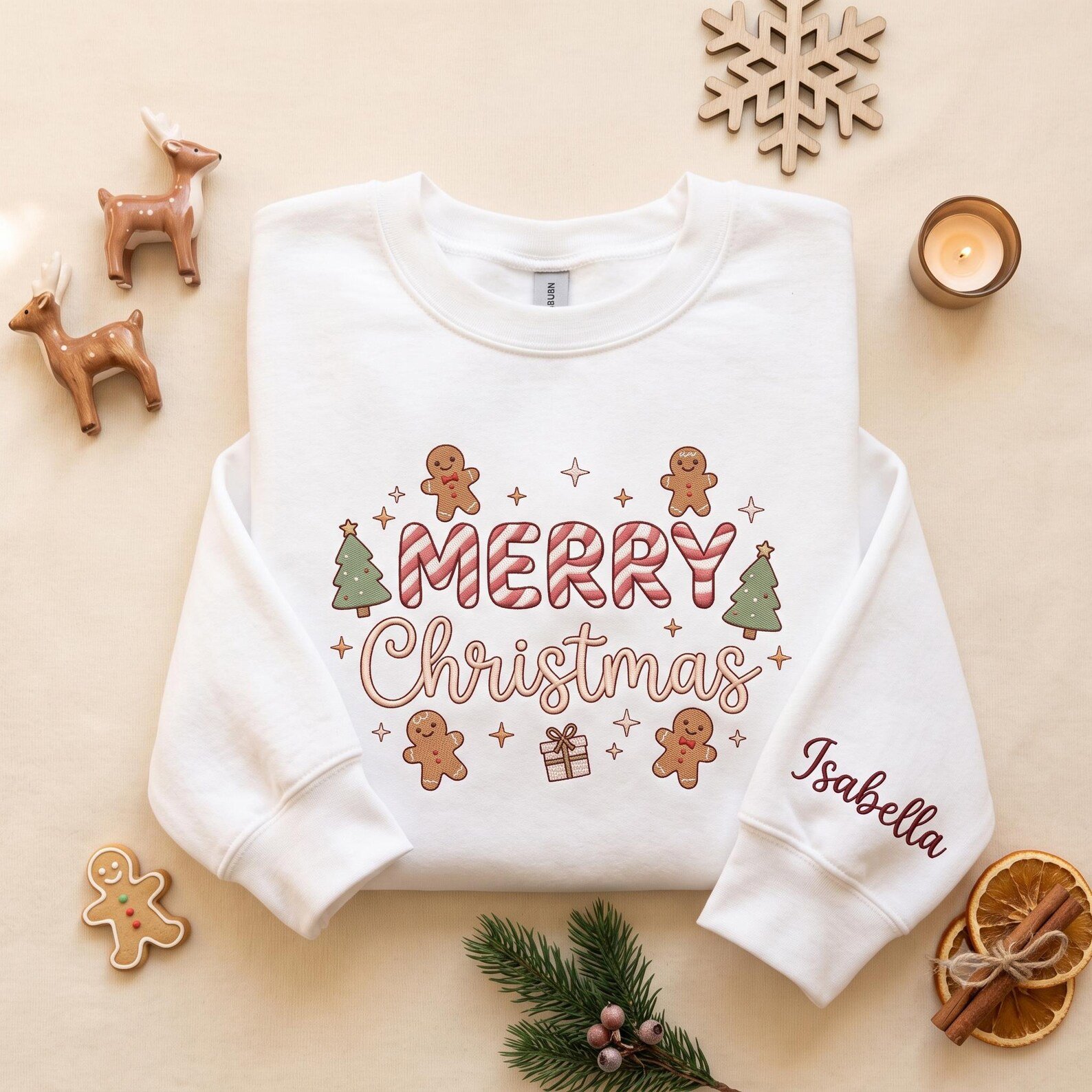 Merry Christmas Sweatshirt, Personalized Embroidered Gingerbread Sweater, Custom Name Sleeve Christmas Shirt, Holiday Gift 3